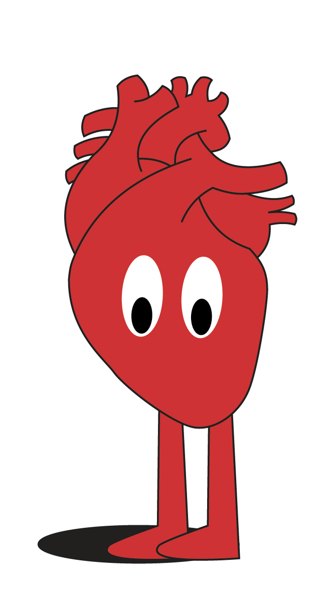 Cartoon heart character with eyes and legs, standing on a shadow.
