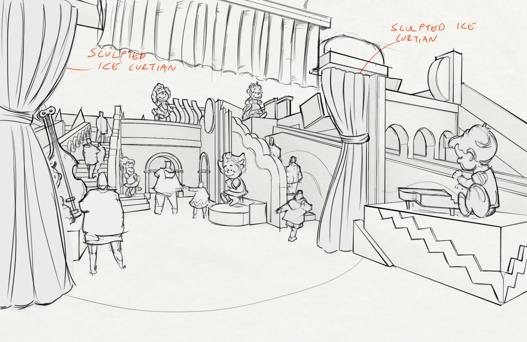 Sketch of a puppet theater stage with curtains, featuring plush puppet characters and children in the audience, with handwritten labels describing sculpted ice curtain elements.