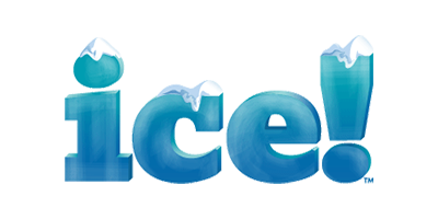 The word 'ice!' written in blue letters with snow and ice effects on top of each letter.