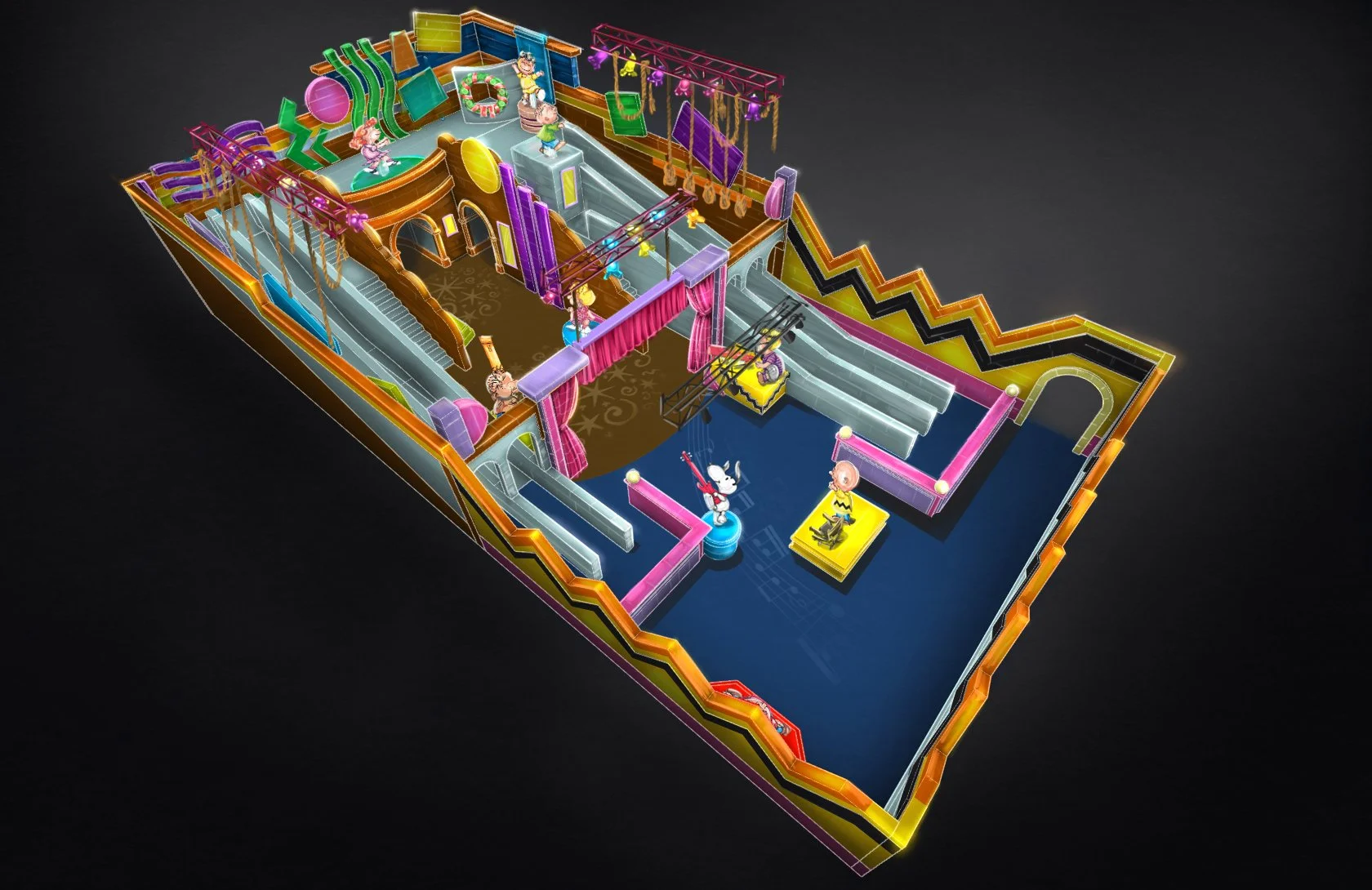 Colorful indoor amusement park with slides, trampolines, and stage with cartoon characters, set against a black background.