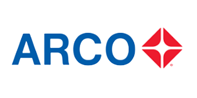 ARCO logo with the text 'ARCO' in blue and a red diamond-shaped emblem next to it