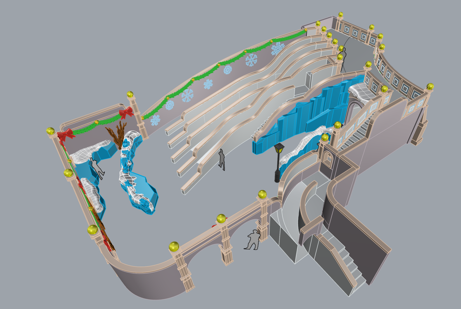 3D rendering of a decorative water feature with waterfalls, steps, and a bridge, adorned with holiday decorations like red bows and Christmas garland, with snowflake motifs and lanterns.