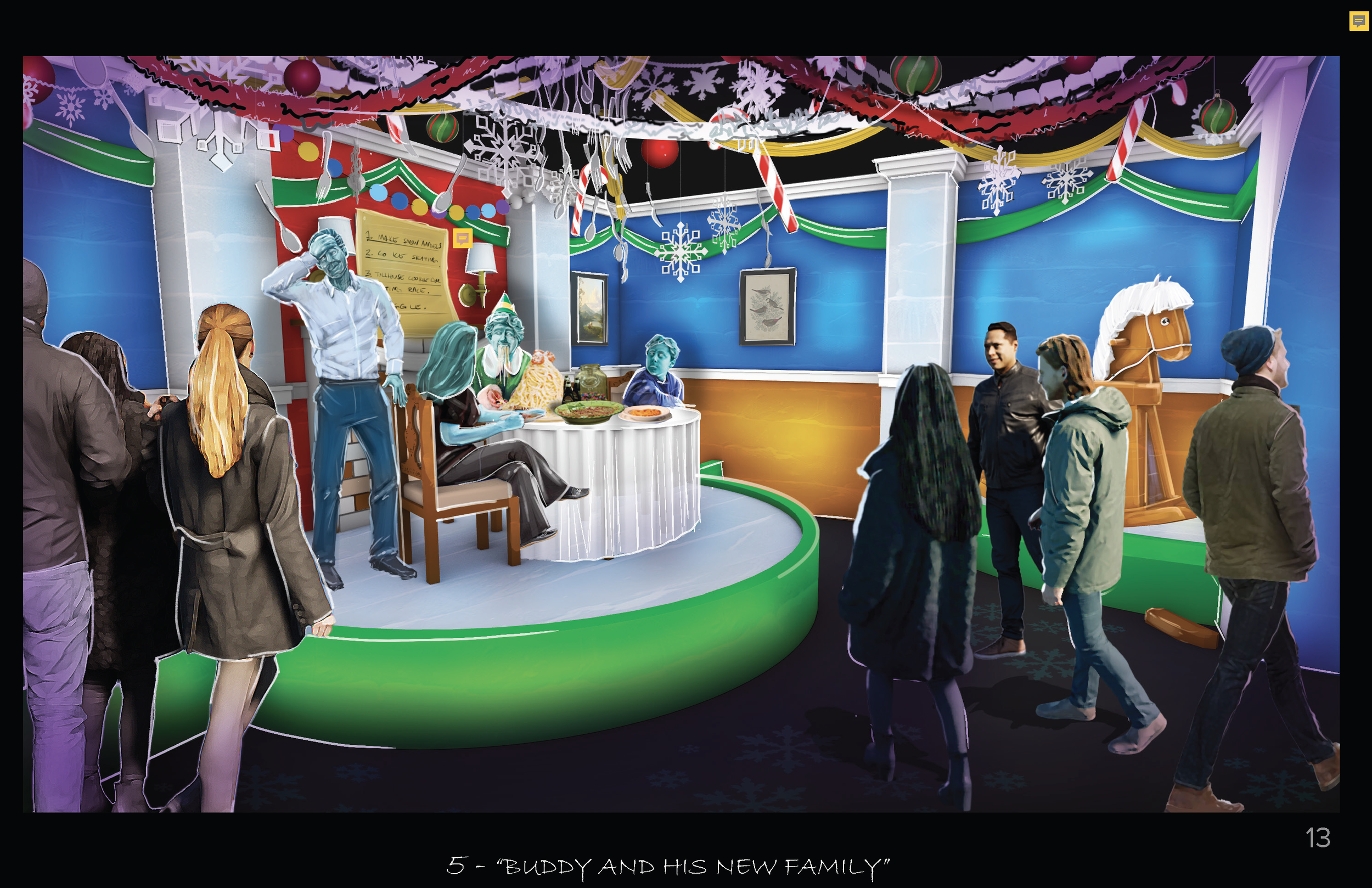 A decorated room with holiday ornaments including snowflakes, candy canes, and ornaments hanging from the ceiling. Several people are standing around, and some are looking at a group of statue-like figures at the center. The figures include a man with a white shirt and glasses, and two elderly women, one of whom has a unique hat. The room features bright colors with red, green, yellow, and blue decorations. A track with a green border surrounds the central display area. The bottom of the image shows the text "5 - 'BUDDY AND HIS NEW FAMILY.'"