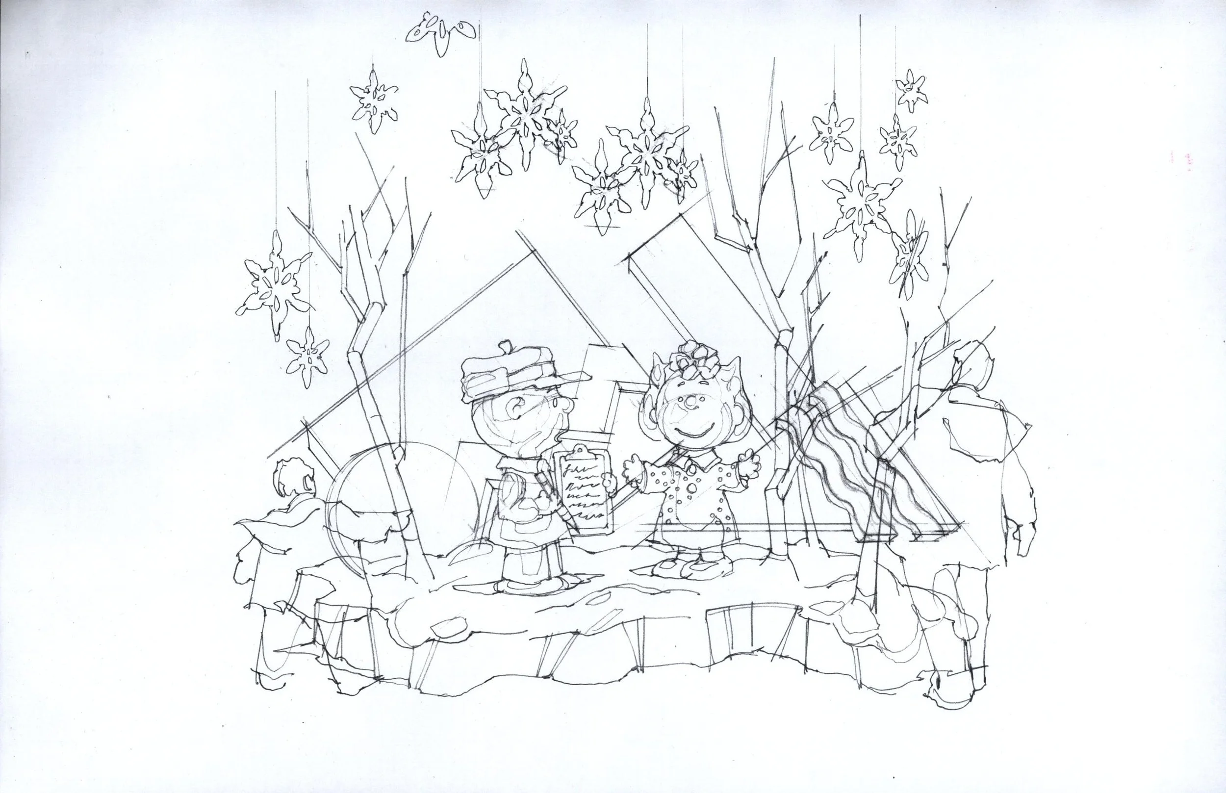 A detailed line drawing of children on a stage, dressed as characters from the story of the Three Little Pigs, with houses, trees, and decorative stars hanging overhead.