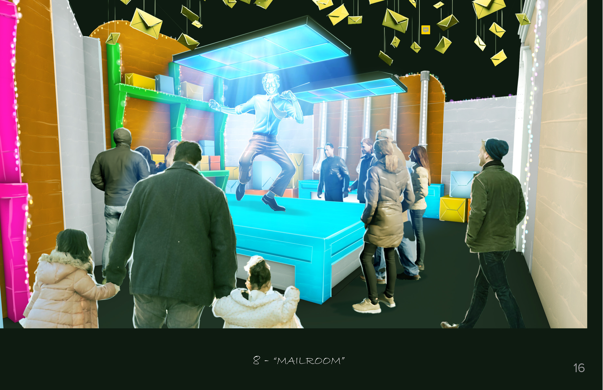 People standing in a colorful escape room with neon lights, a hologram of a performer, yellow paper airplanes hanging from the ceiling, and a decorated wall with bright lights.
