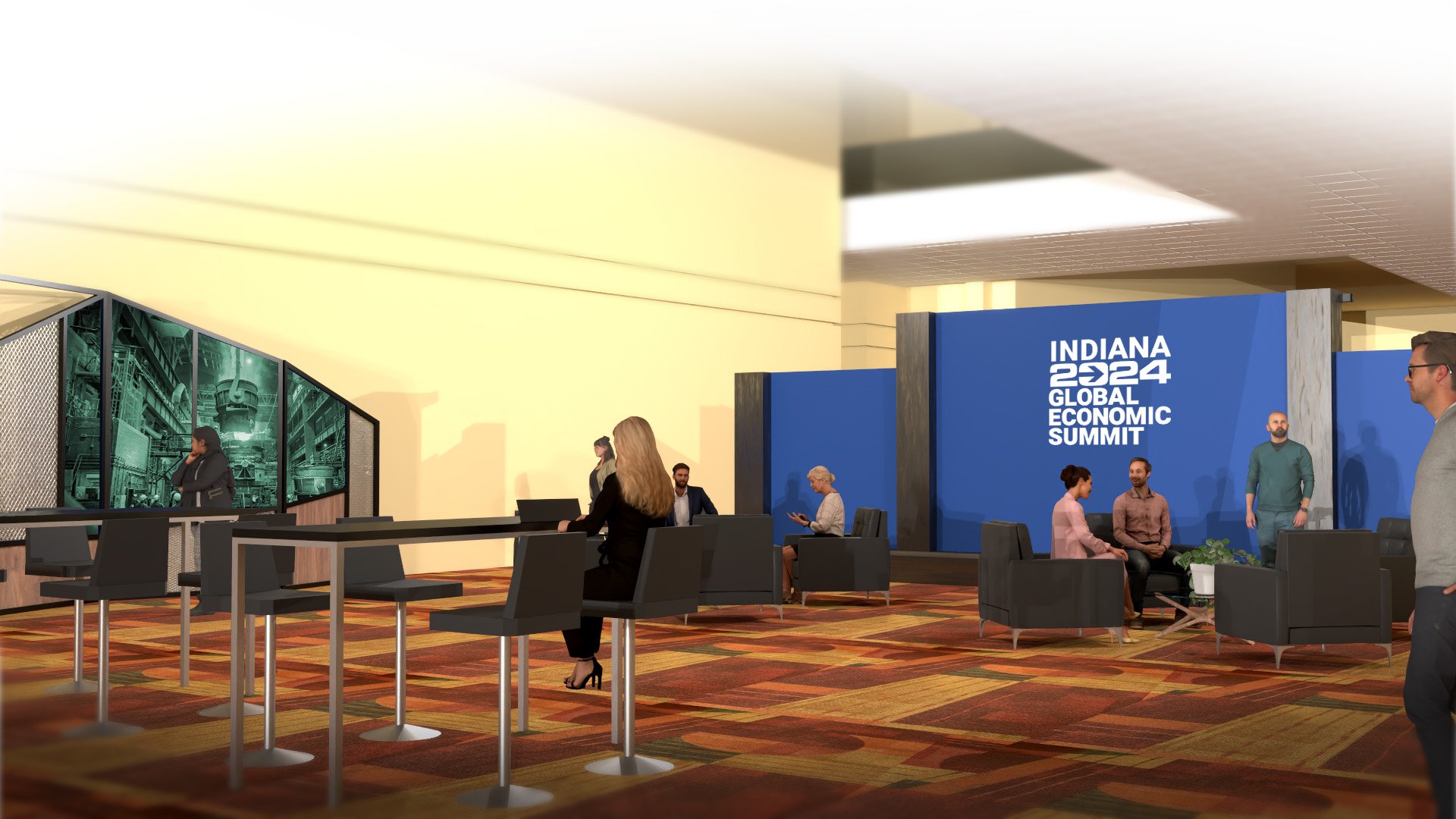 Interior of a conference lobby at the Indiana 2024 Global Economic Summit, with people seated and walking, and a large blue wall displaying the event name.