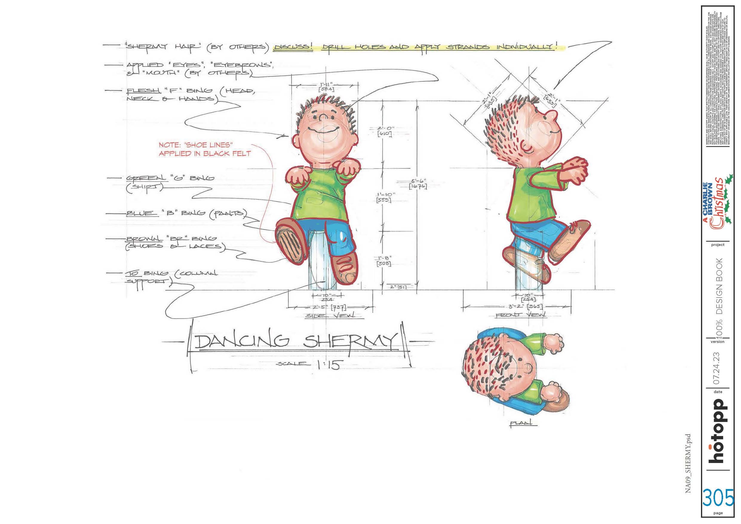 Colorful character sketch of a boy named Dancin Shermy with details and measurements.