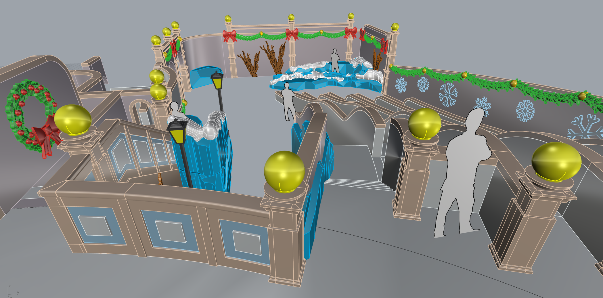 A 3D digital rendering of a festive outdoor Christmas scene featuring decorated railings with red bows and green garlands, golden ornament balls, and a winter-themed backdrop with snowflakes, icy landscape, and leafless trees.