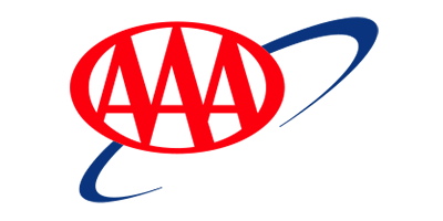 AAA logo with red oval and black letters, encircled by a blue orbit-like ring.