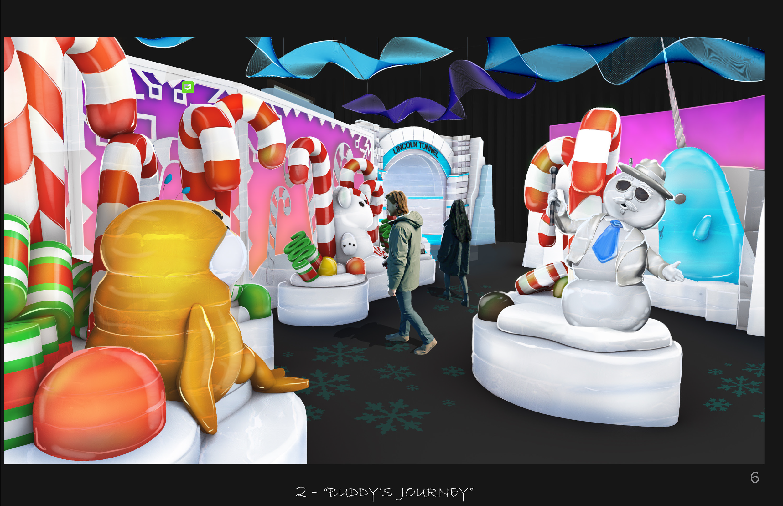 Colorfully decorated indoor space with Christmas theme, featuring large candy cane sculptures, a snowman, a bear with sunglasses, and festive decorations, with two people standing and talking.