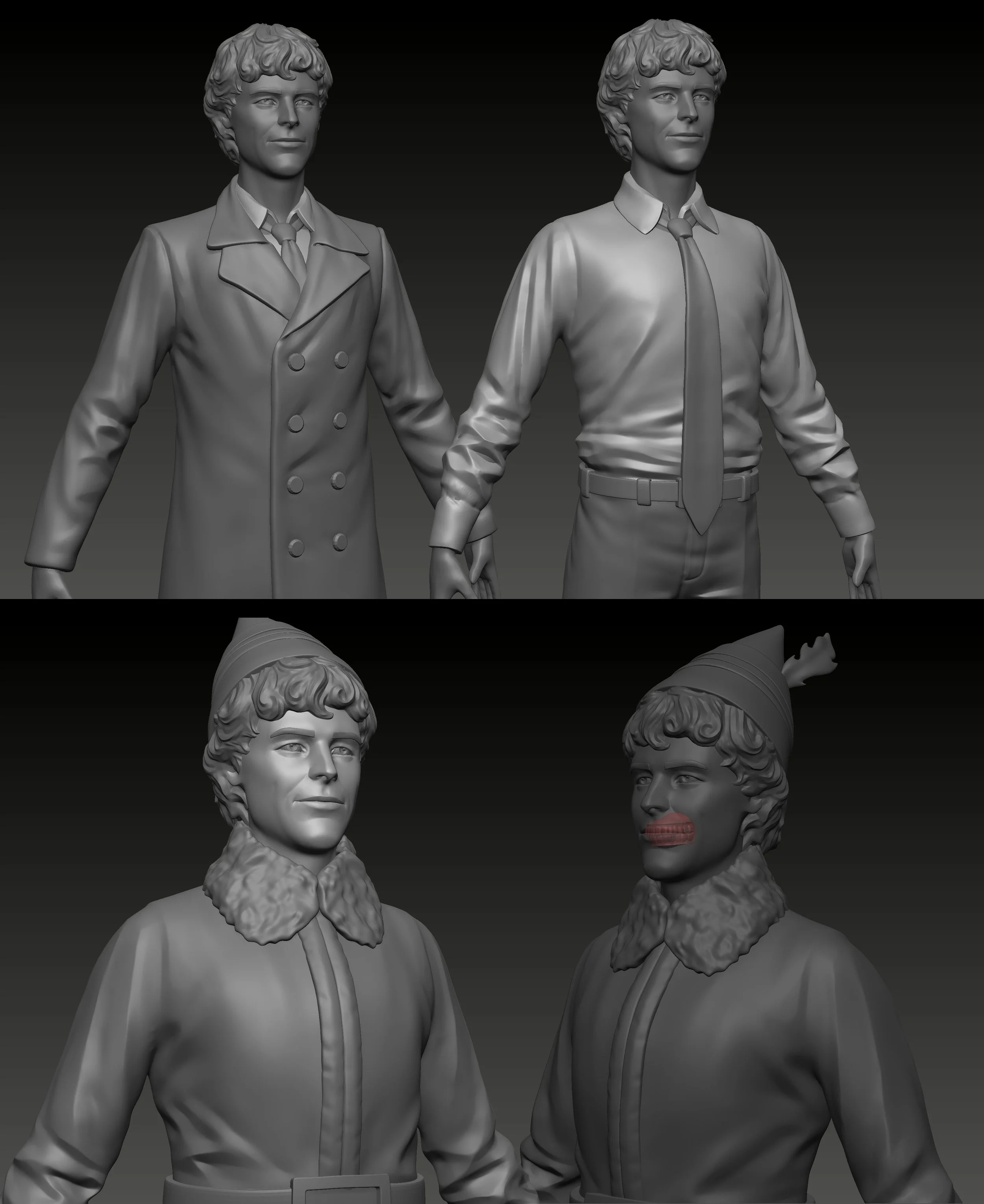 Three grayscale 3D bust sculptures of a man with curly hair and a serious expression, from different angles, in a dark background.