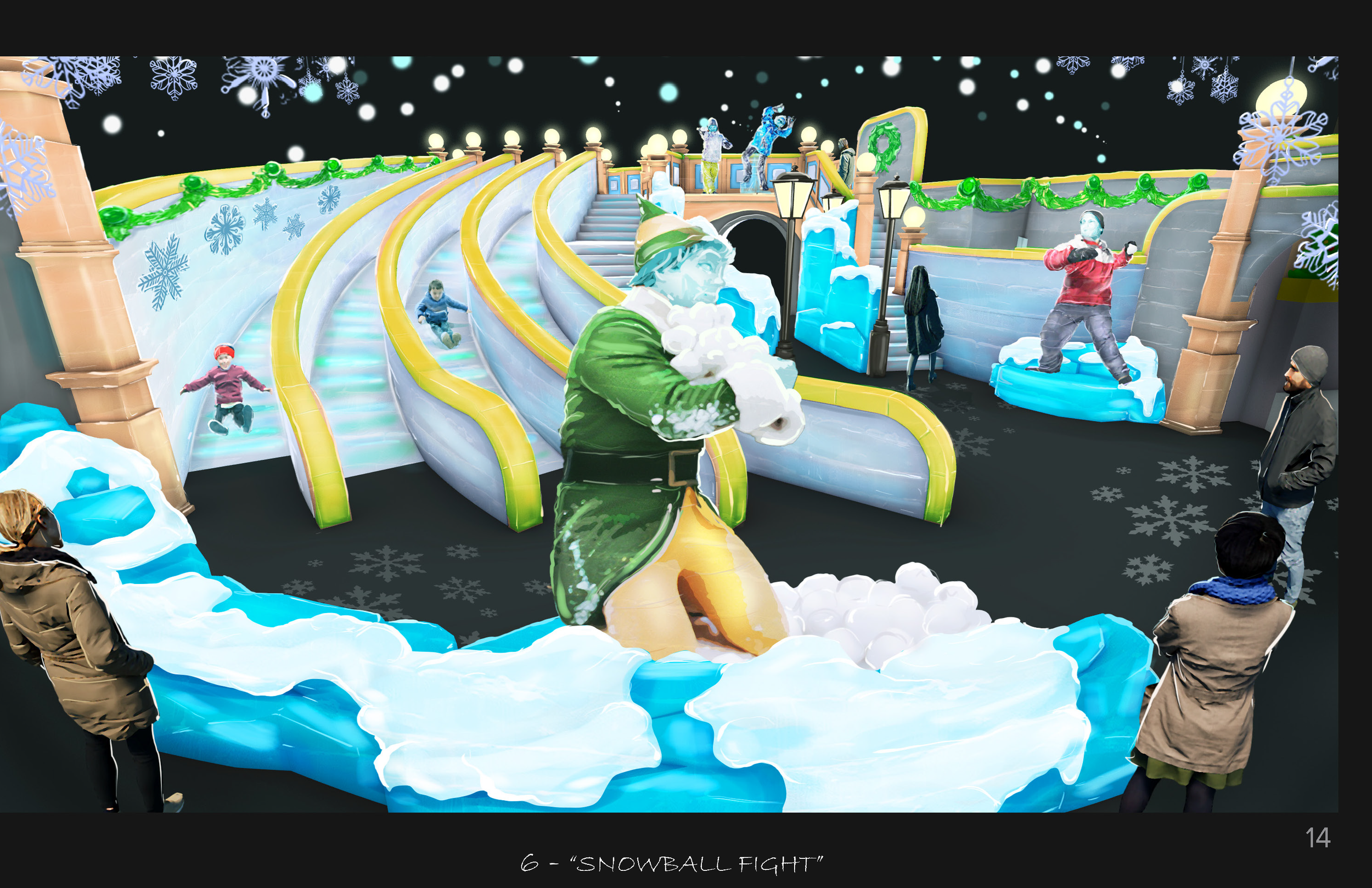 People engaging in a snowball fight at an indoor winter-themed attraction, with snowflake decorations, ice-themed slides, a man dressed as Santa Claus, and various children and adults participating.
