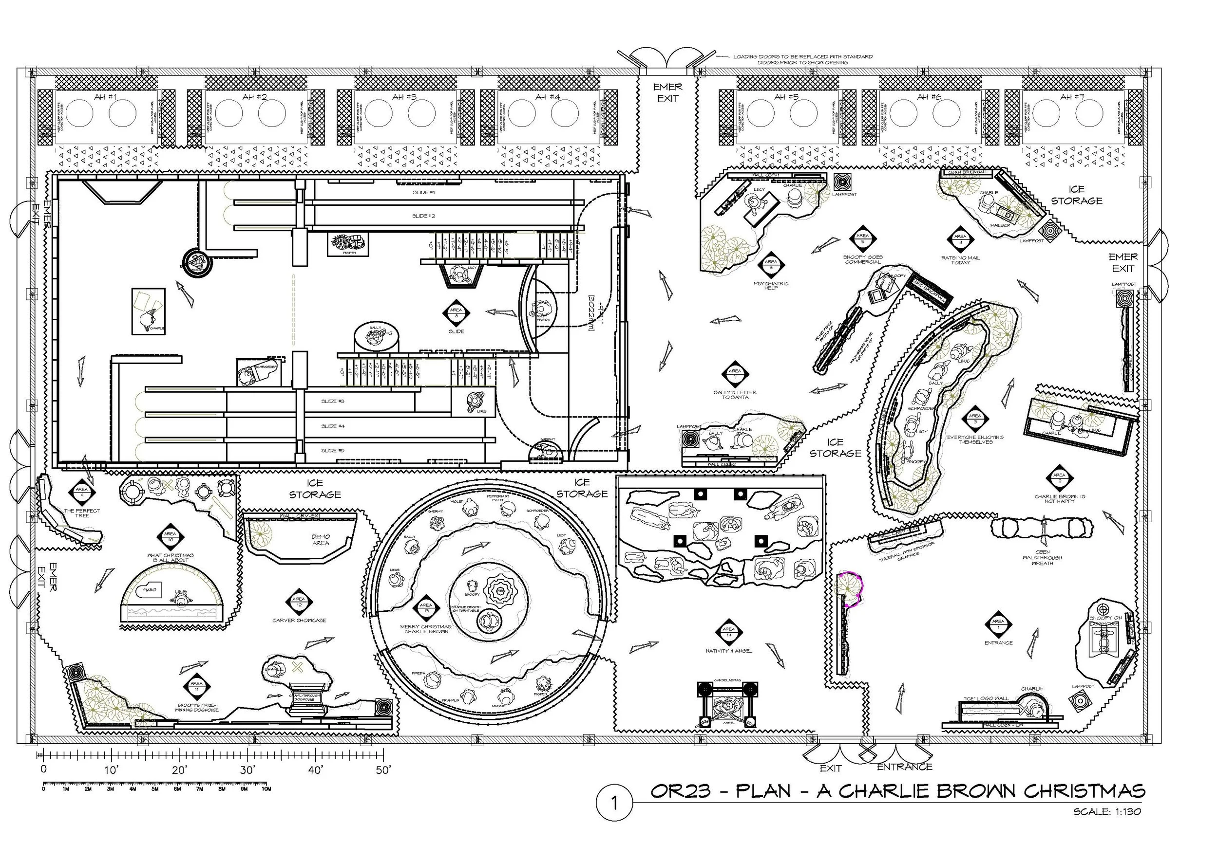 A detailed architectural plan for a building or facility, including various rooms, outdoor areas, and landscaping details, labeled for a Christmas themed project.