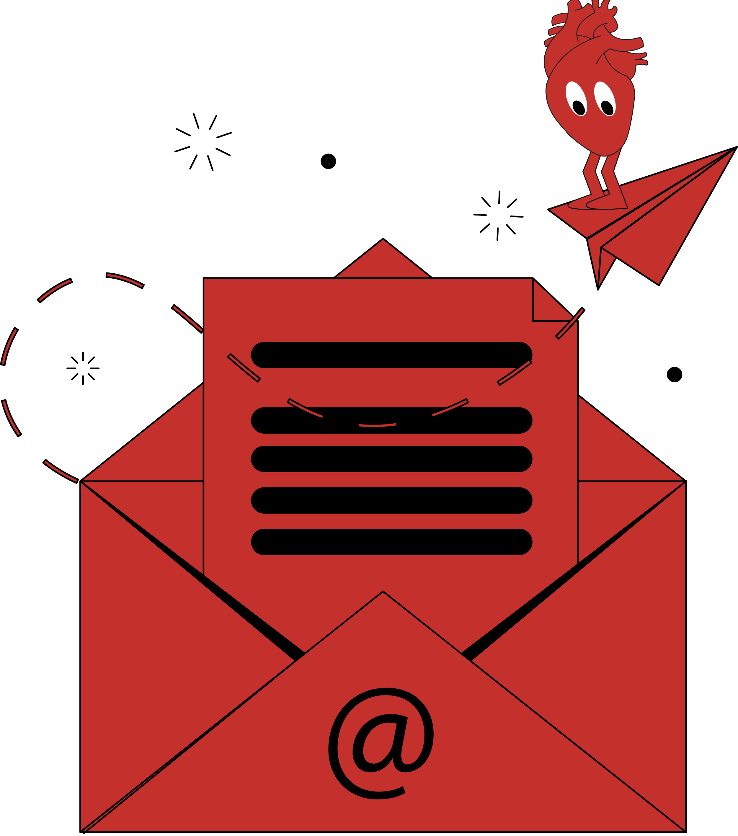 Red mailbox with a cartoon heart character sitting on an origami paper airplane, surrounded by stars and circles, in a playful, animated style.