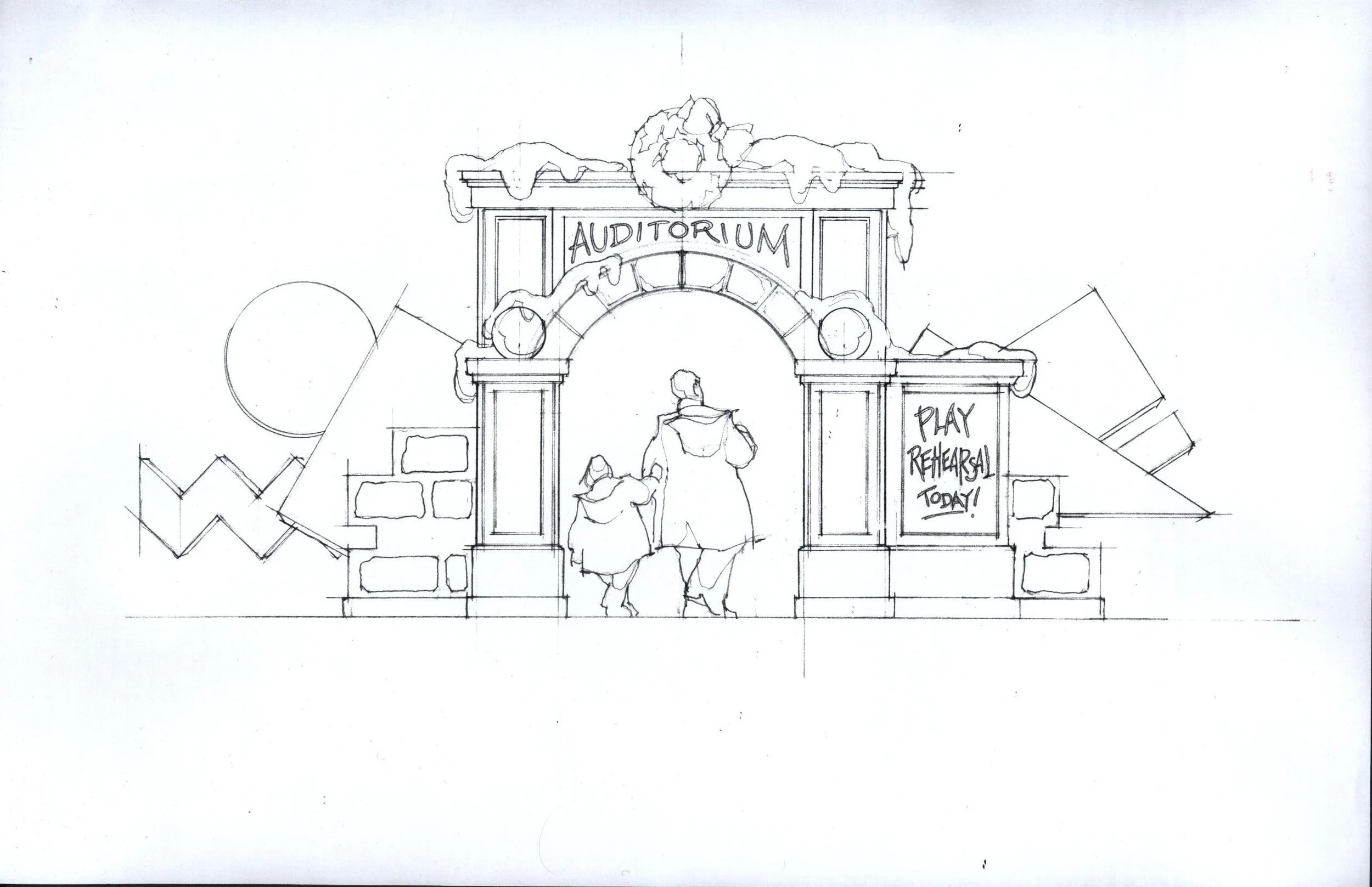 A sketch of an auditorium entrance with a person walking in and a sign that says 'Play Rehearsal Today!'. The arch of the entrance is depicted with decorative elements and the word 'Auditorium' at the top.