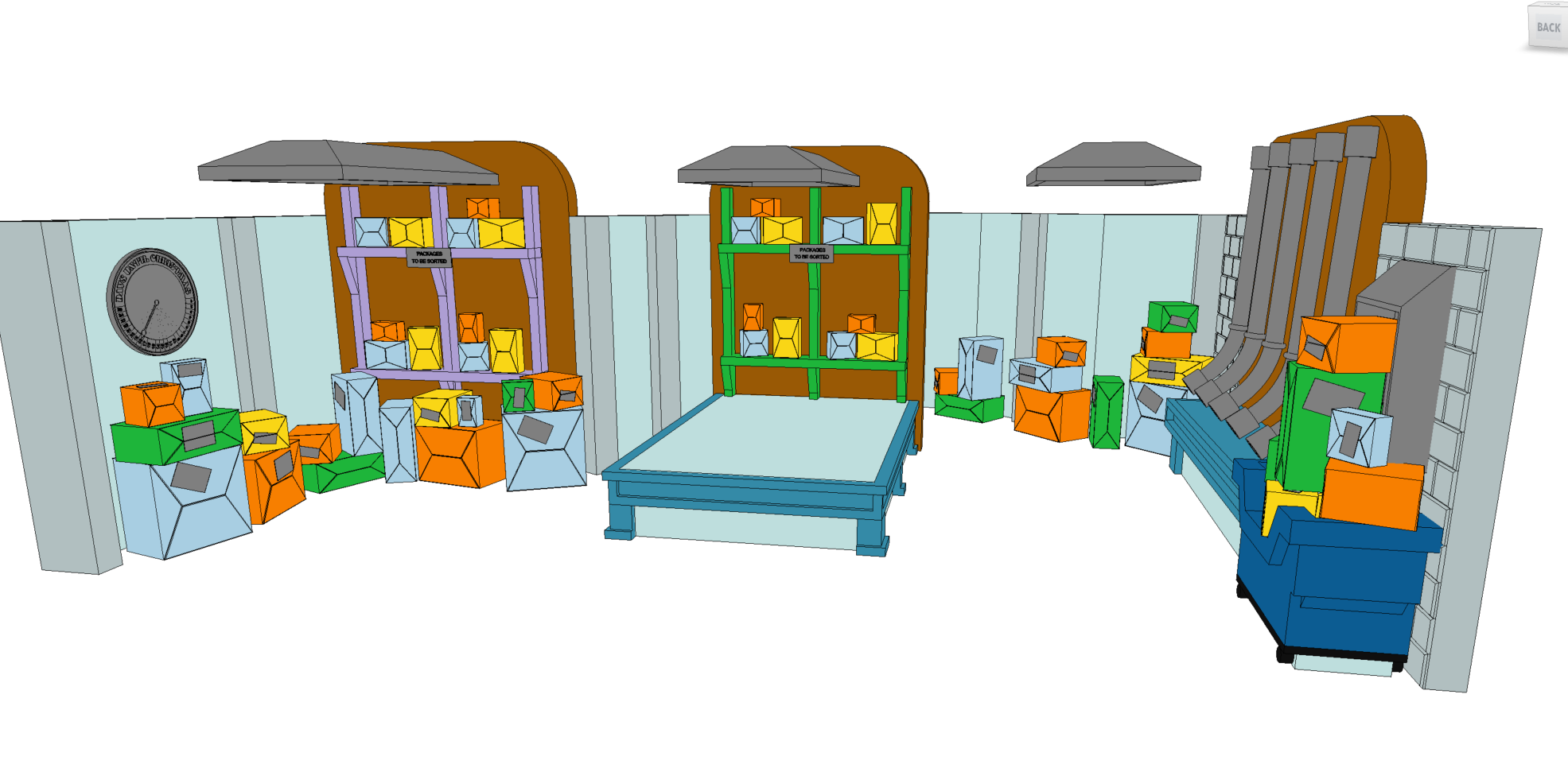 A 3D digital rendering of a storage room with shelves full of boxes, some stacked on the floor, some on shelves, and various furniture pieces including a table, a bench, and a coat rack. The image has a white background and a sign on the left wall, and a small clock visible on the left side.