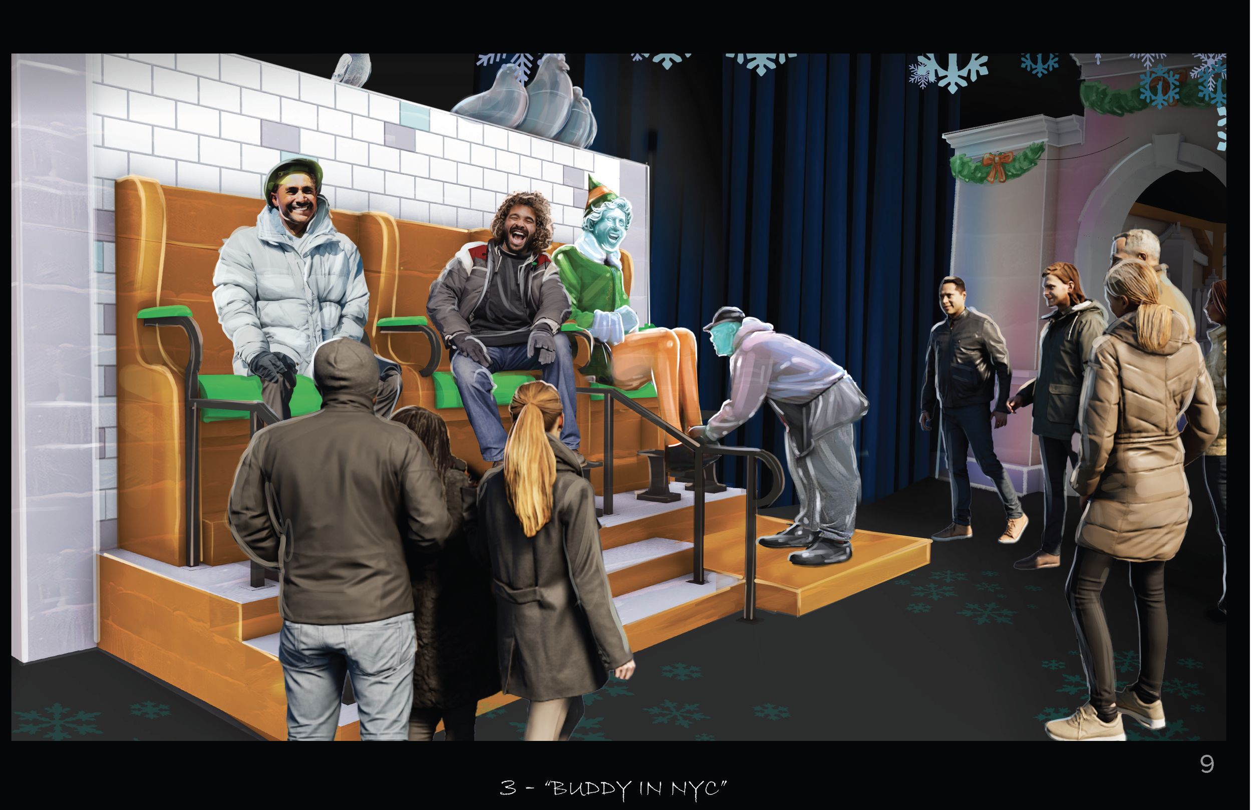 People in winter clothing walking past a festive display labeled 'Buddy in NYC' featuring two seated statues, one of a smiling man and the other of a woman, with a group of people observing and interacting.