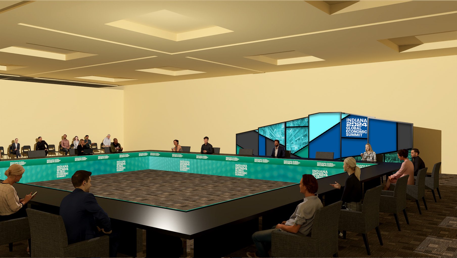 A large conference room with a U-shaped table setup for the Indiana 2024 Global Economic Summit. Attendees are seated around the table, some listening and others speaking. The front of the room features a digital banner with the event name, and a lar