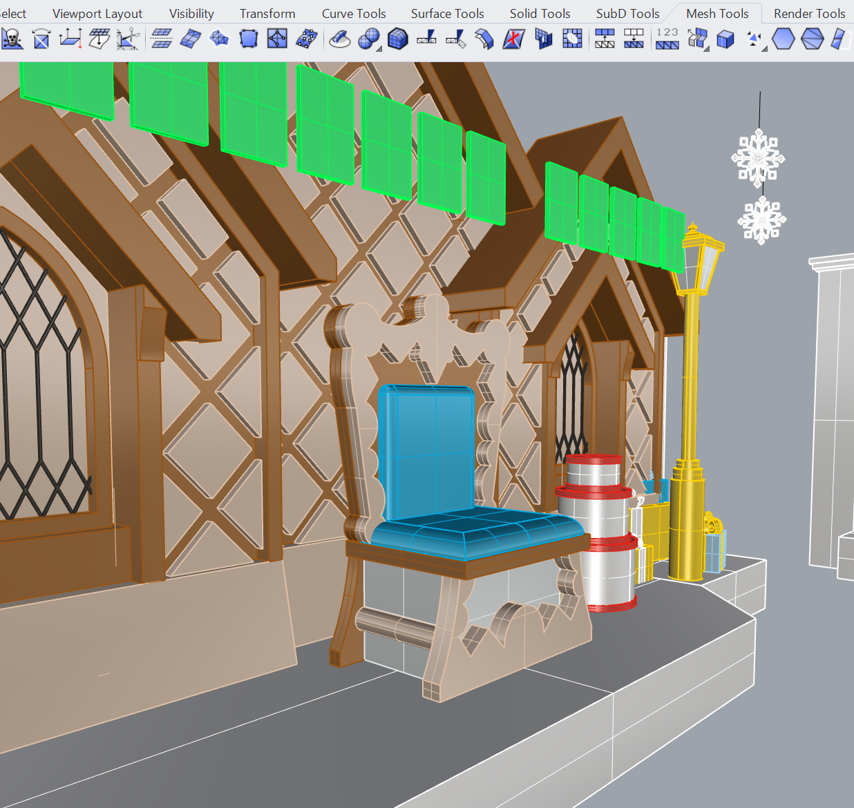 A 3D rendering of a festive outdoor scene featuring a wooden house facade with decorative latticework, a blue chair with a textured seat and backrest, a yellow street lamp, snowflake ornaments, and holiday decorations including green panels and barrels.
