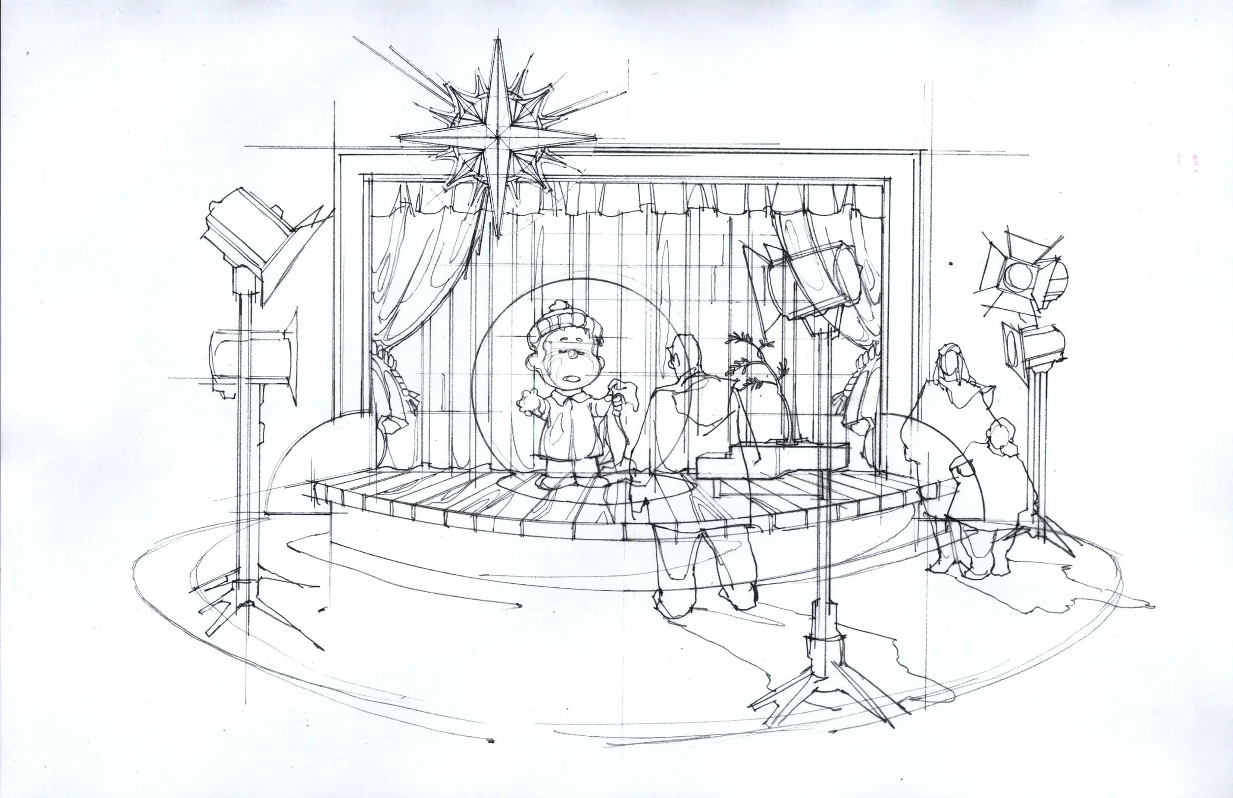 A sketch of a nativity scene with Mary, Joseph, baby Jesus, and a star at the top, surrounded by helpers and set on a stage with curtains and lighting equipment.