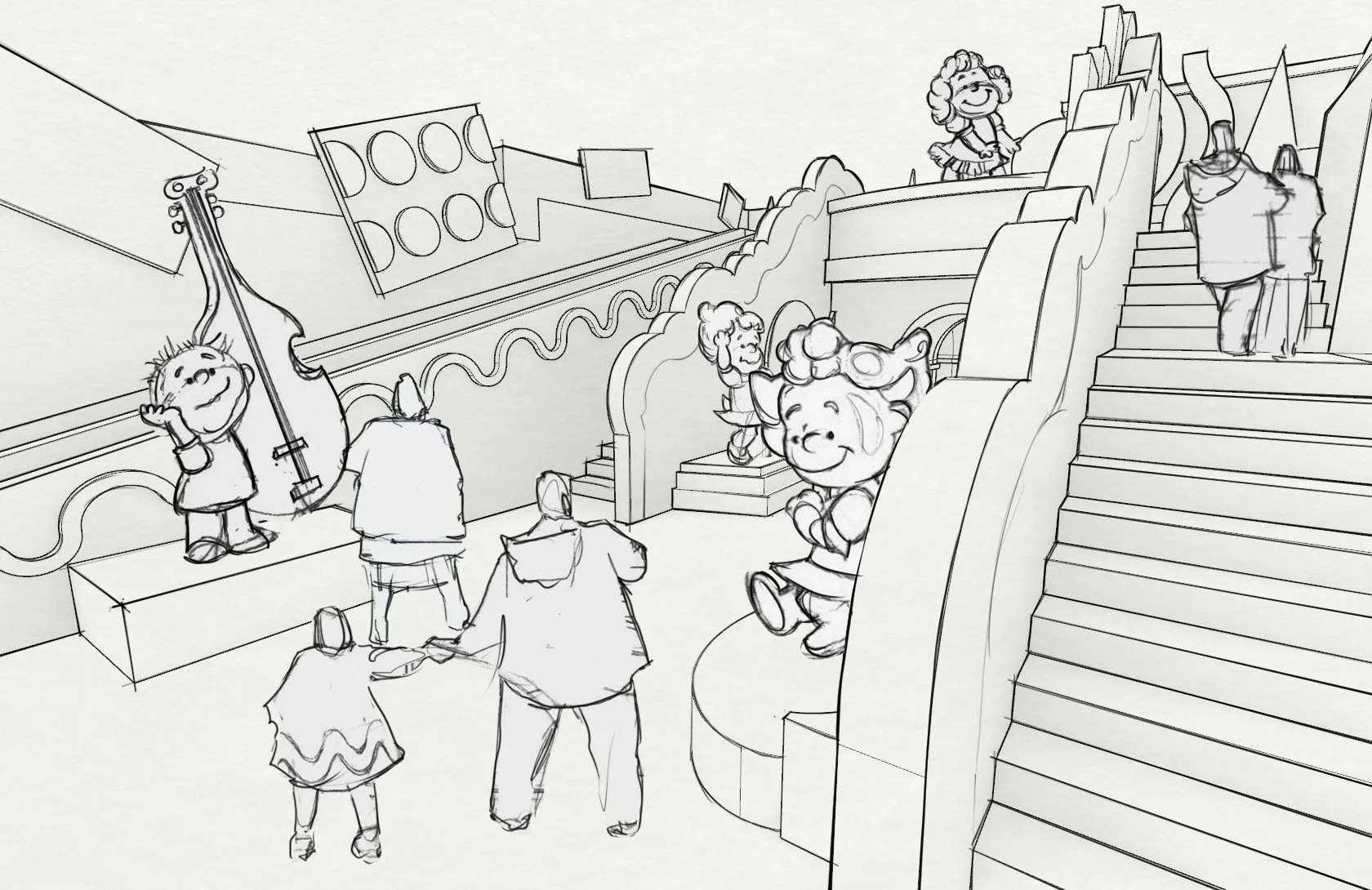 Line drawing of children and adults in a festive setting with a person holding a large violin, others sitting and standing on stairs, some dressed in costumes, with decorative elements like clouds and geometric shapes in the background.