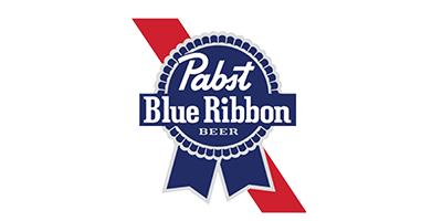 Pabst Blue Ribbon beer logo with a blue ribbon and red stripe.