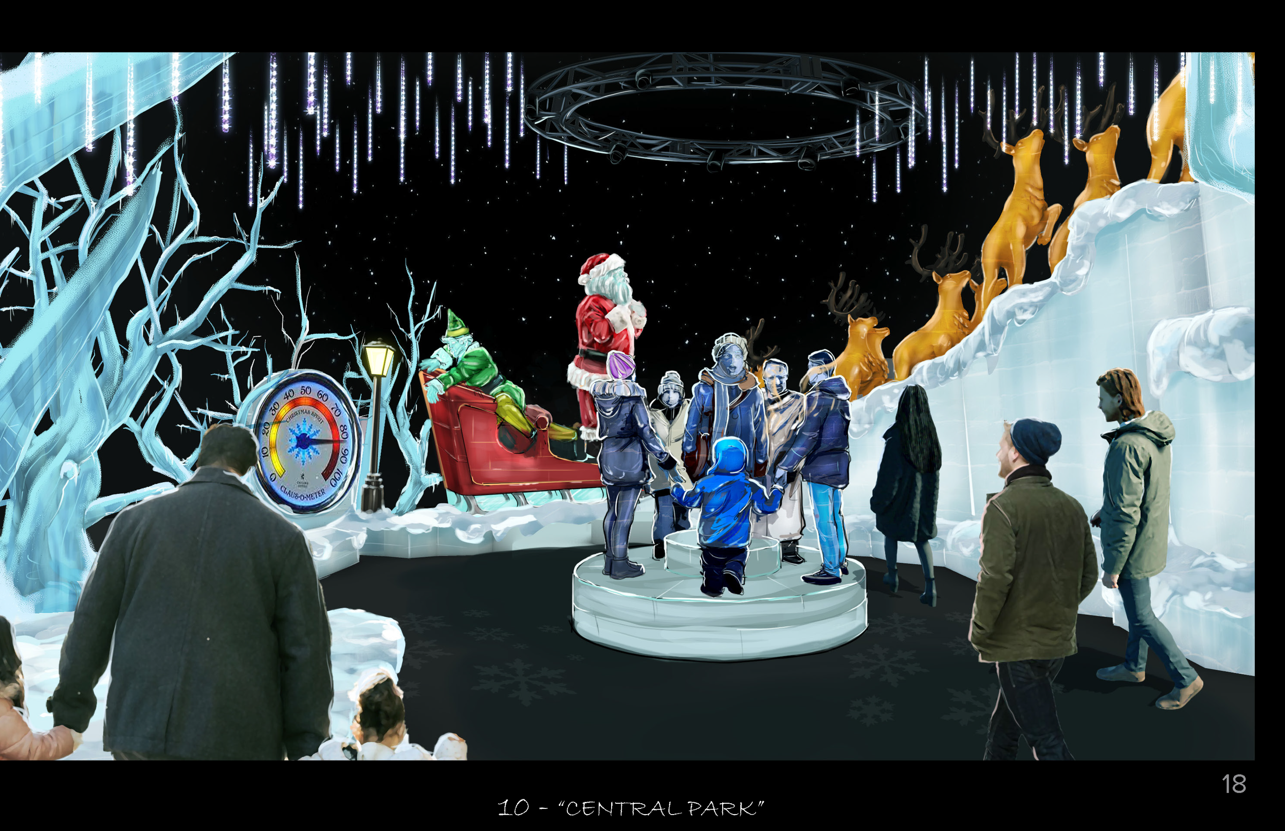 People at a winter holiday display featuring Santa in a sleigh, reindeer, ice sculptures, and decorative lights.
