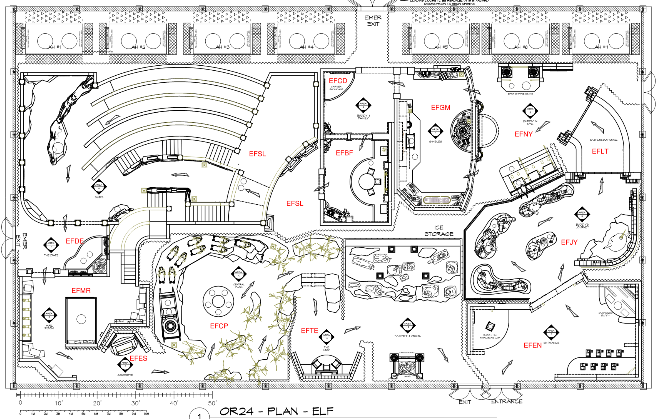 A detailed architectural plan of an outdoor amusement or theme park layout, featuring various attractions, pathways, trees, and labeled areas.