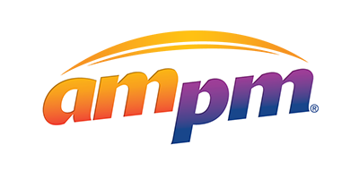 am pm logo with orange, purple, and yellow colors.