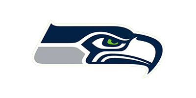 Seattle Seahawks logo featuring a stylized eagle head in navy blue, white, and lime green.