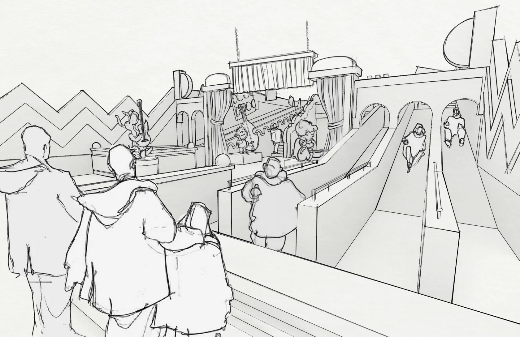 Line drawing of an indoor ice skating rink with skaters on the ice, spectators watching from the sidelines, and a small stage area with musical instruments and performers.