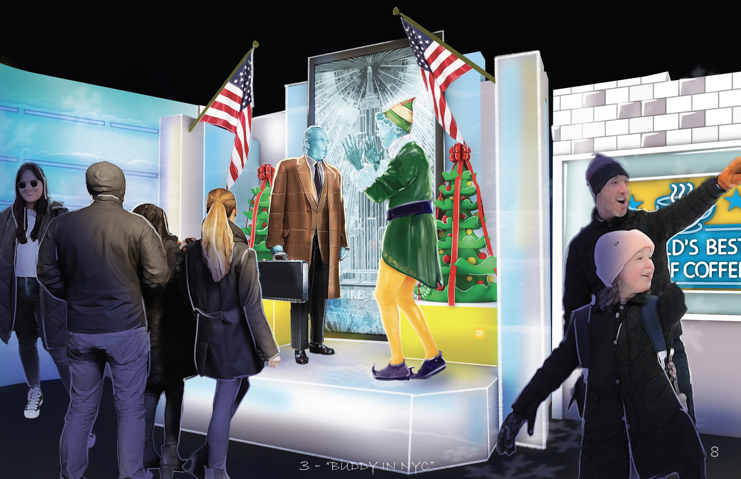 A group of people looking at a colorful art installation with American flags, a large mirror, and mannequins dressed in festive attire, with children and adults present.