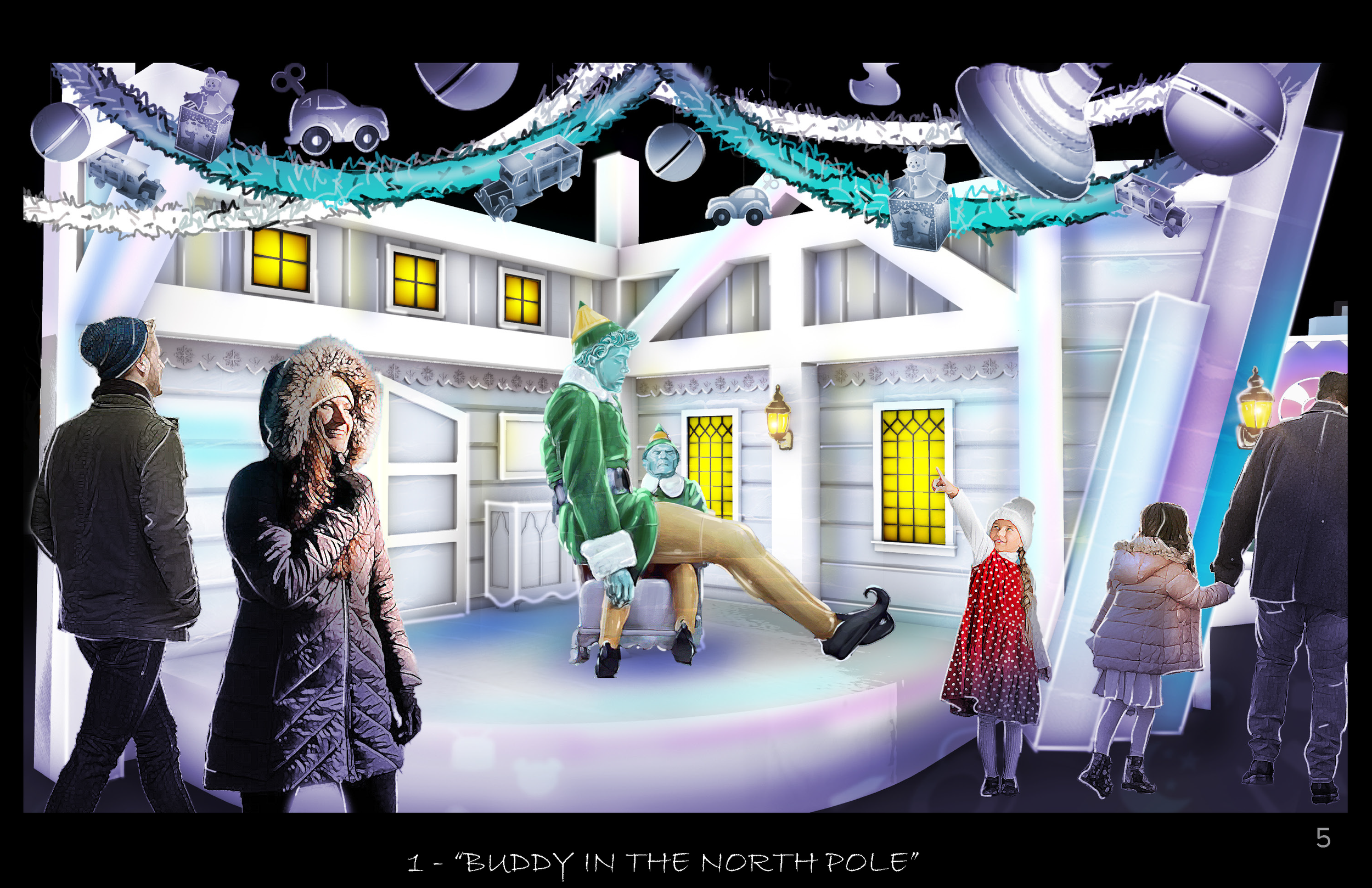 Scene from a holiday display with people viewing a festive setup featuring a snowy house, toy cars, astronauts, and a large figure of Buddy the Elf from 'Buddy in the North Pole' surrounded by Christmas decorations.