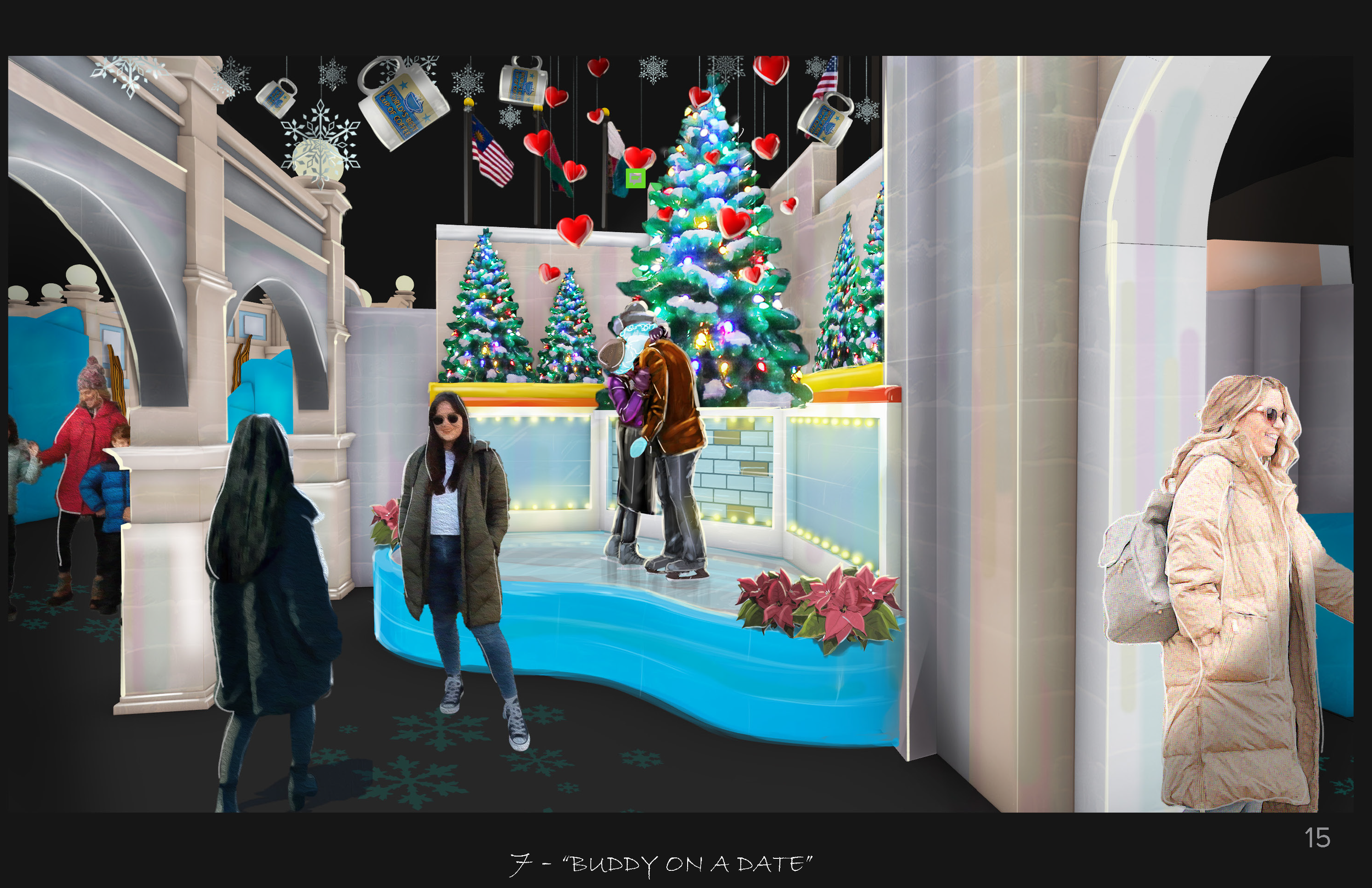 People ice skating in front of decorated Christmas trees with hanging hearts and snowflakes, inside a festive indoor setting.