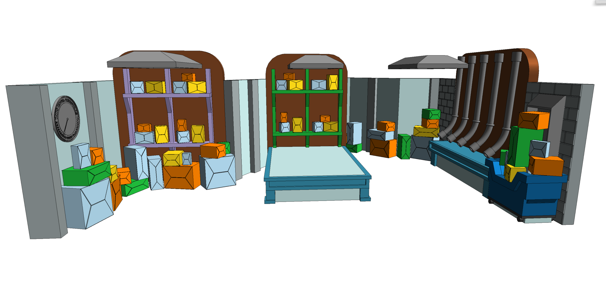 Colorful 3D digital illustration of a room with shelves, boxes, and pipes, resembling a futuristic or industrial setting.