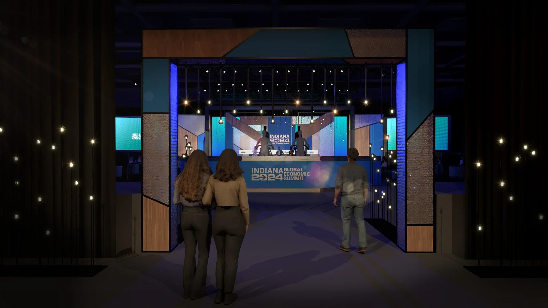 Three people entering a conference stage at the Indiana Global Economic Summit 2024, with a large digital screen and decorative lights.