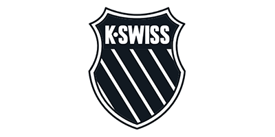 K-Swiss logo featuring a shield with diagonal stripes and the brand name at the top.