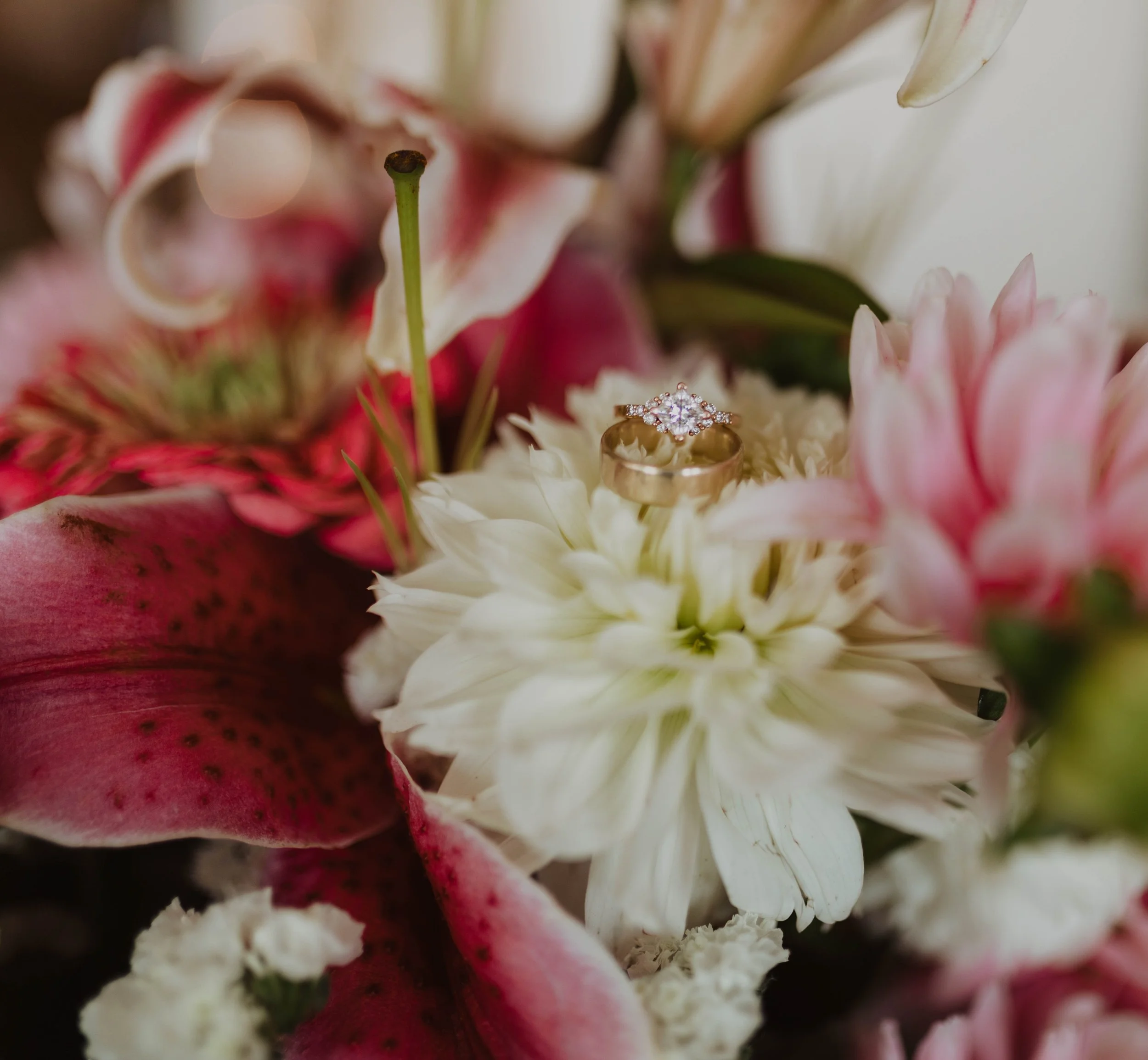 Wedding rings placed on white flower in a bouquet of mixed pink and white flowers. Seattle, WA wedding photography.