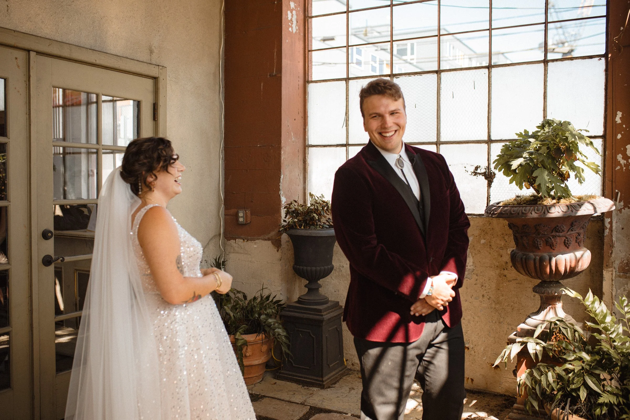Bride and grooms first look at The Ruins, Queen Anne, Seattle