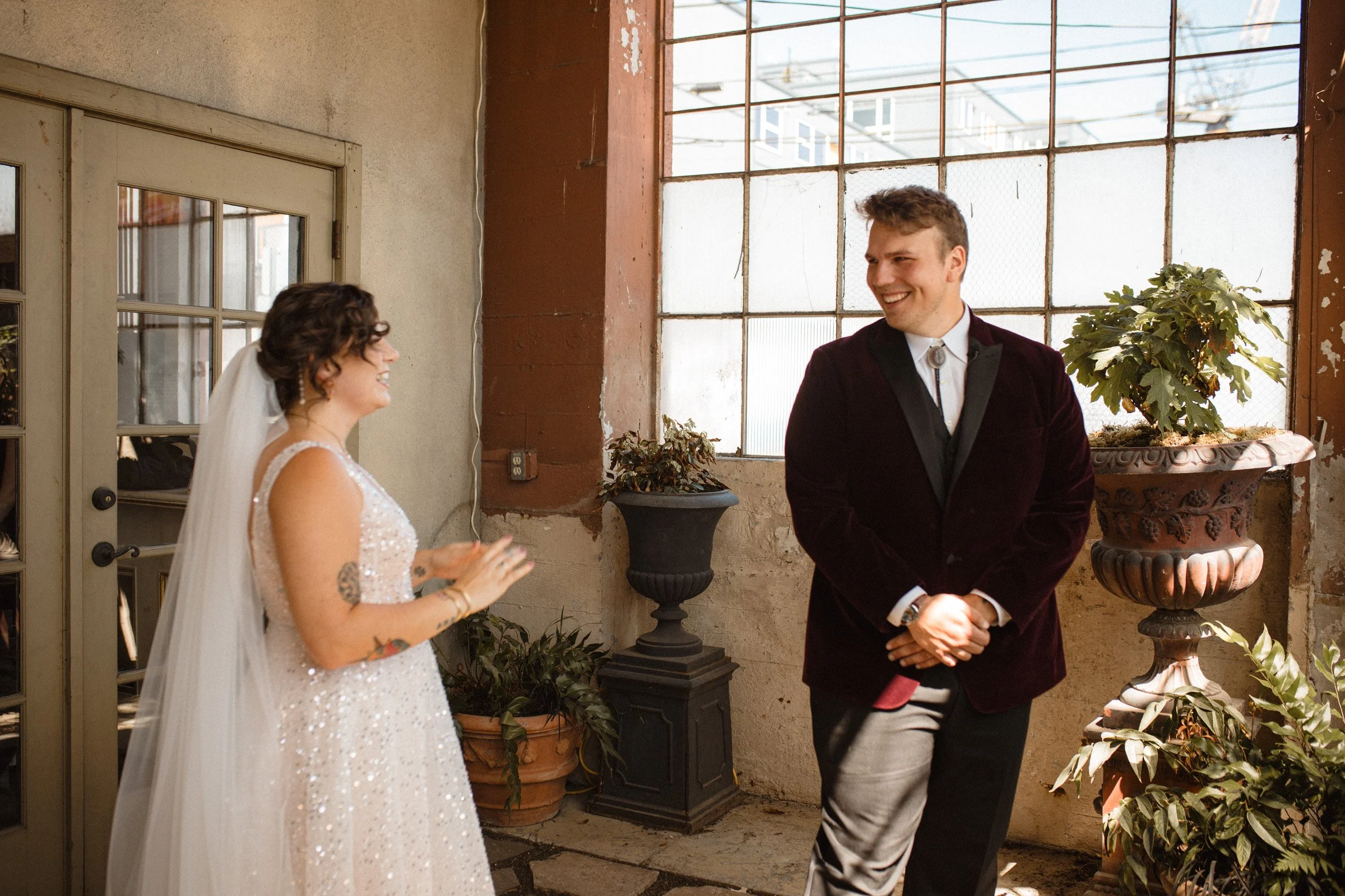 Bride and grooms first look at The Ruins, Queen Anne, Seattle