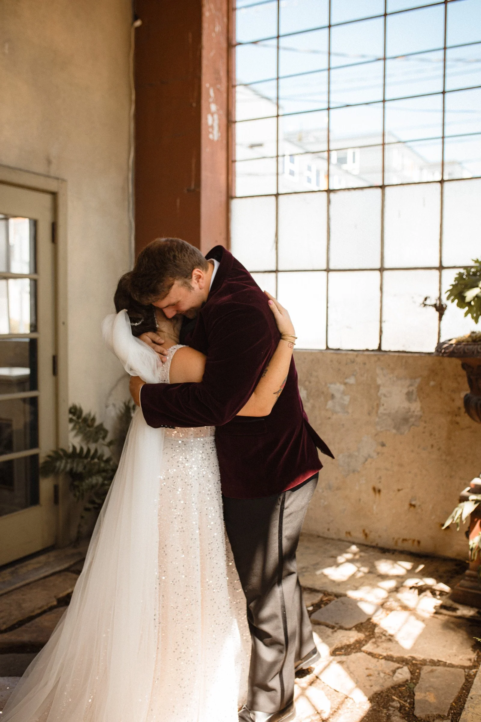 Bride and grooms first look at The Ruins, Queen Anne, Seattle