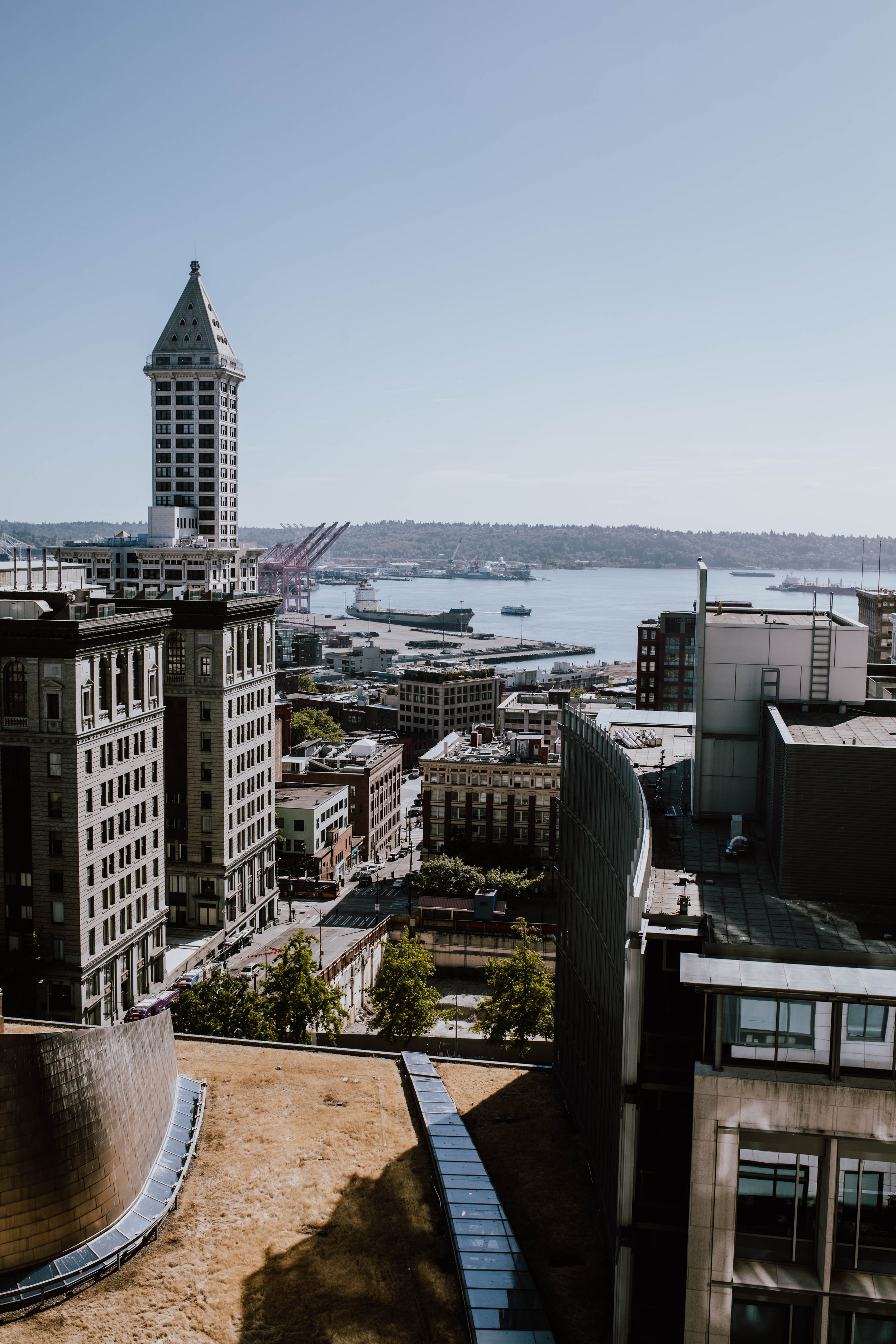 Cityscape with tall buildings, a water body with ships, and a clear sky. Seattle Municipal Courthouse wedding photography.