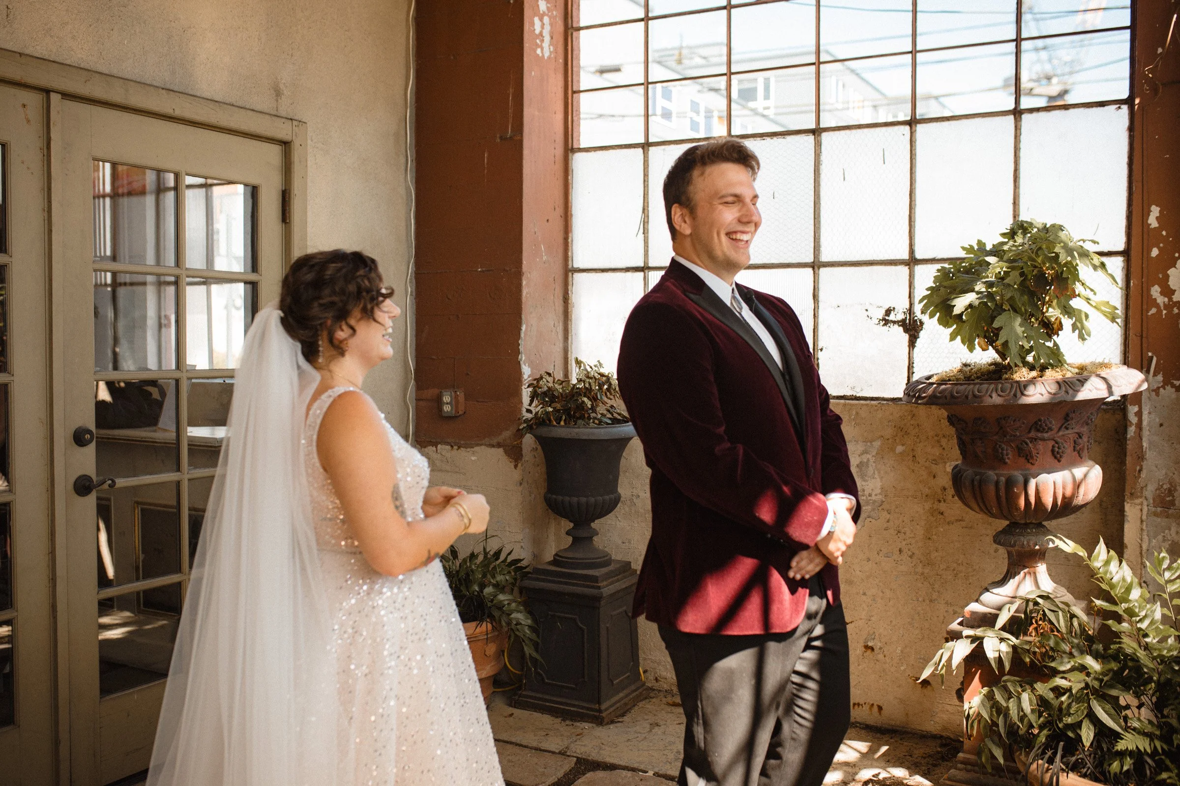 Bride and grooms first look at The Ruins, Queen Anne, Seattle