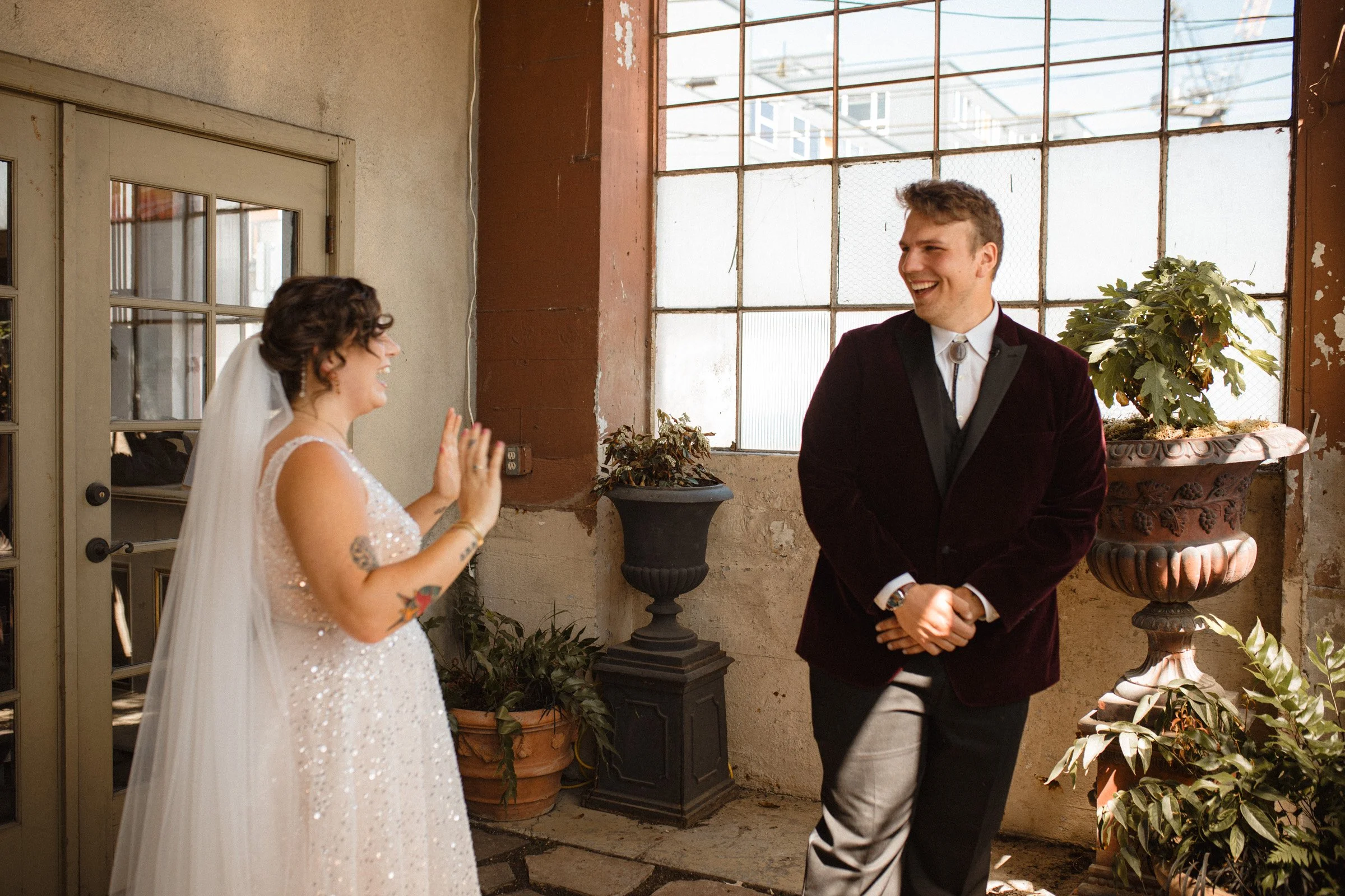 Bride and grooms first look at The Ruins, Queen Anne, Seattle
