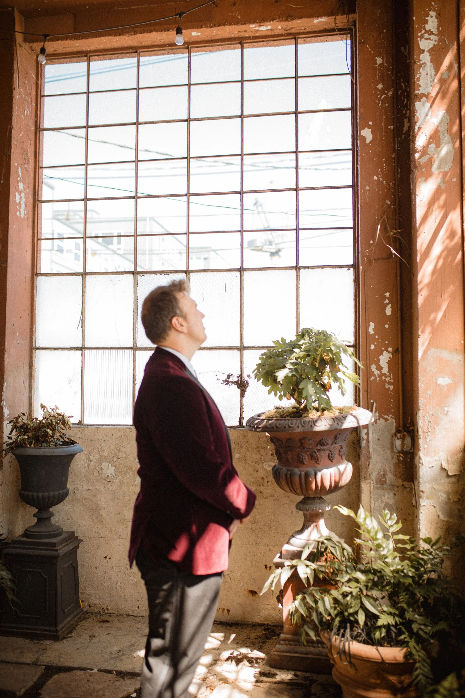 Bride and grooms first look at The Ruins, Queen Anne, Seattle