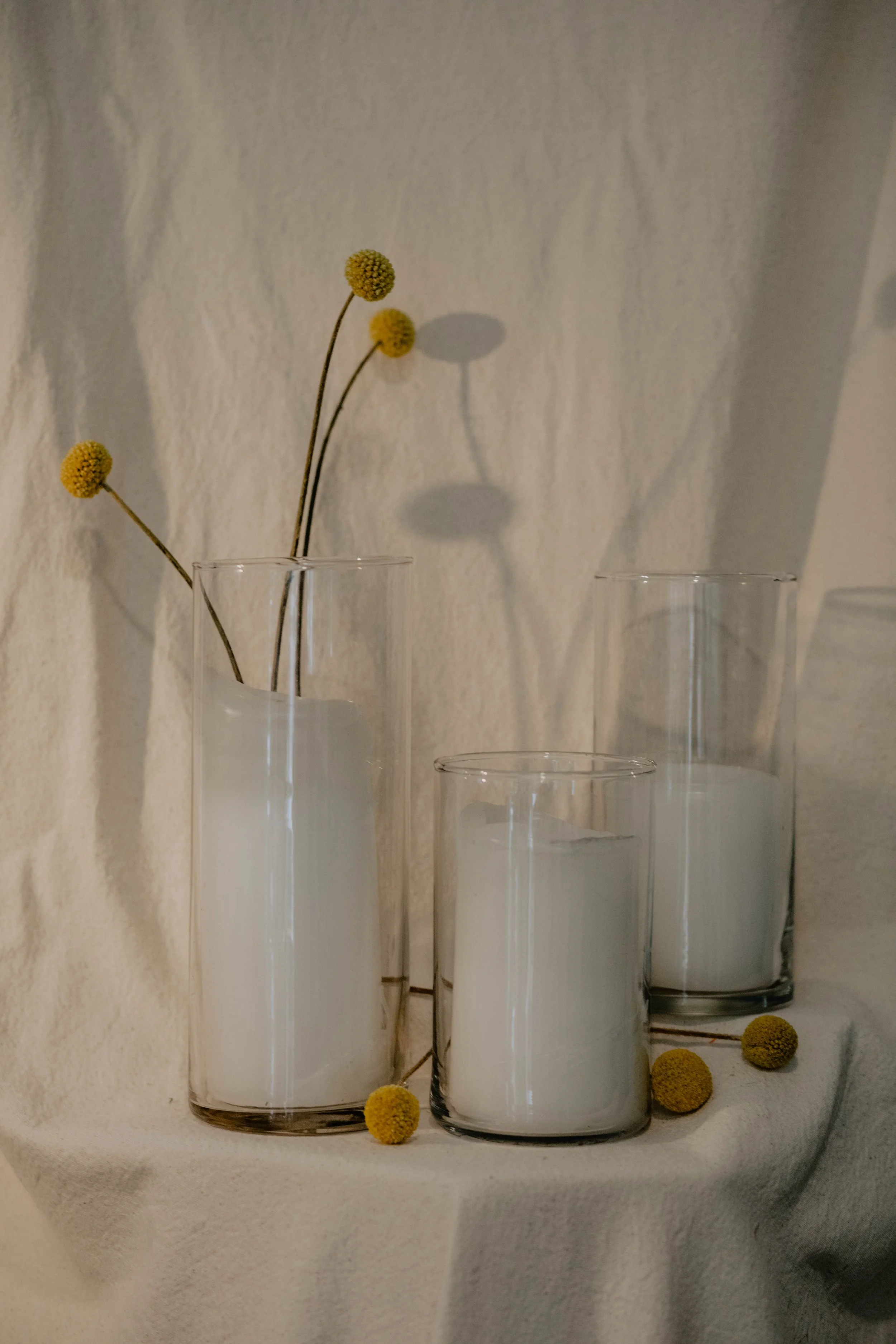 Three glass vases with white candles inside, one with yellow dried flowers, set against a textured light-colored wall with soft shadows.  Seattle product photography