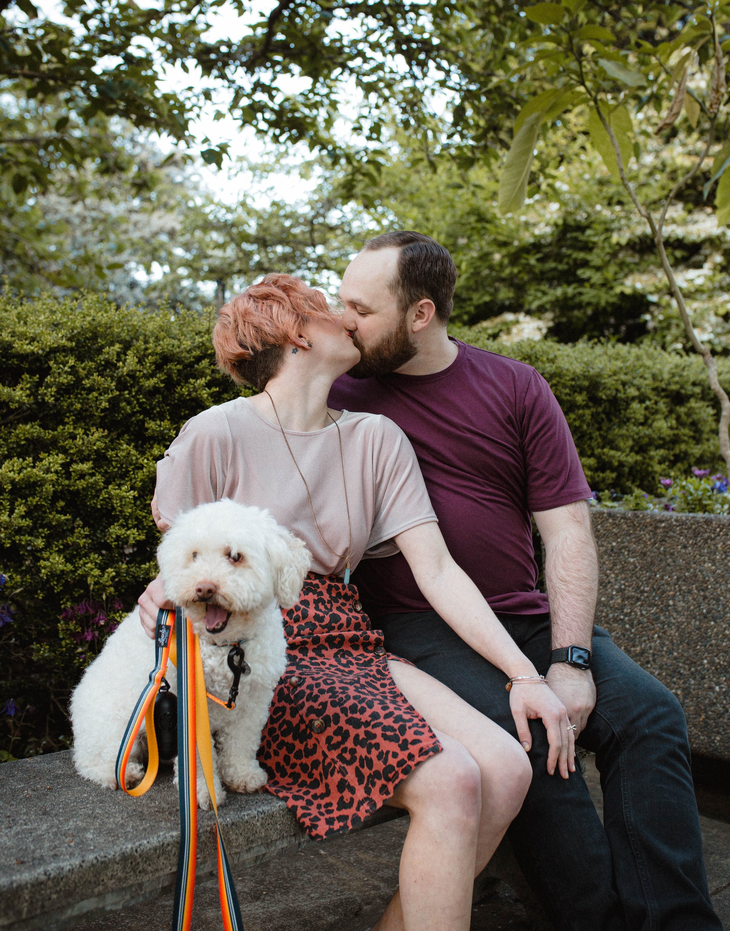 A couple sits on a bench sharing a kiss at the Ballard Locks, with their small white dog sitting next to them. The couple is edgy with pink hair and a leopard pattern skirt.