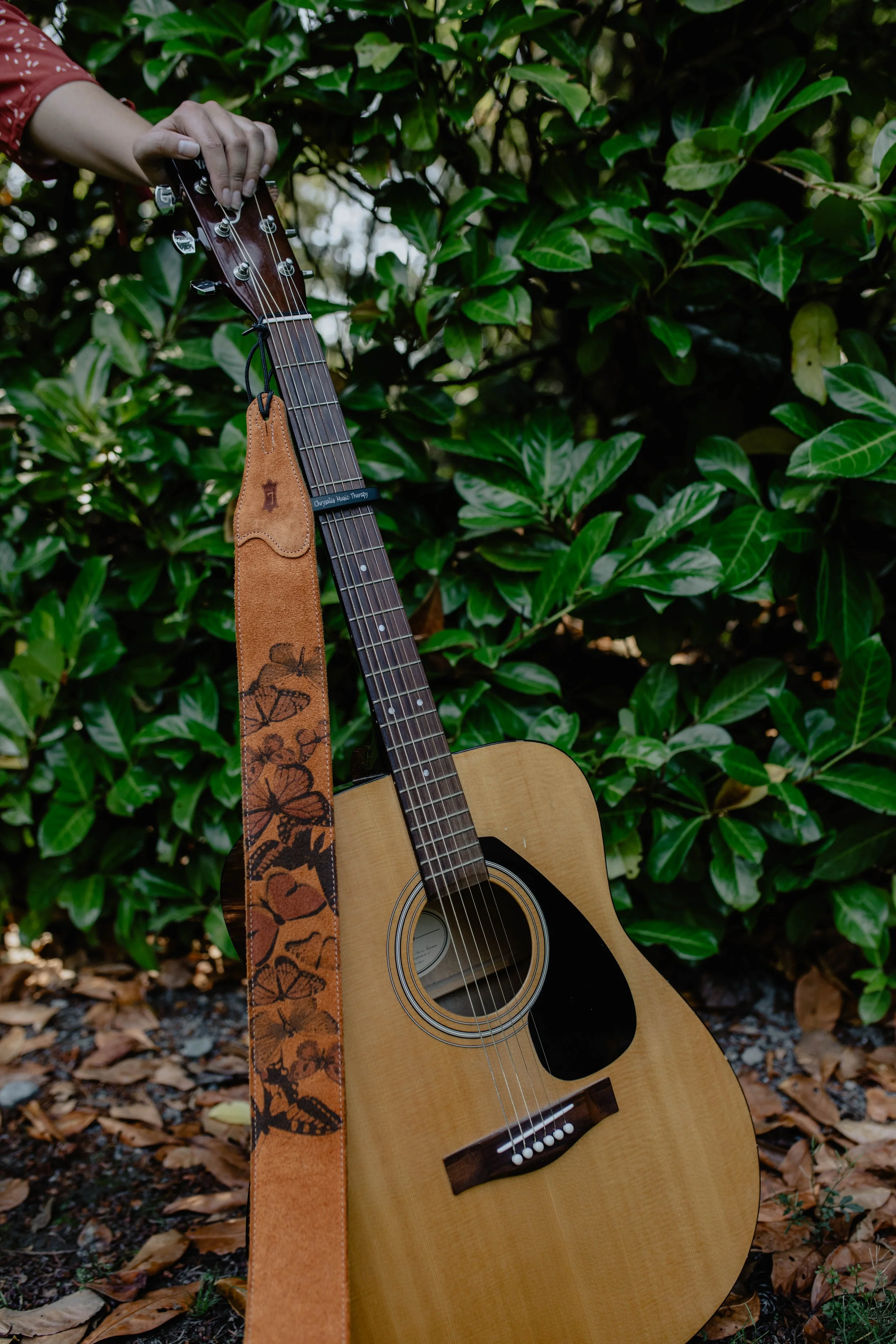 An acoustic guitar with a decorative strap leaning against green shrubbery, with fallen leaves on the ground. Seattle professional head shot photography