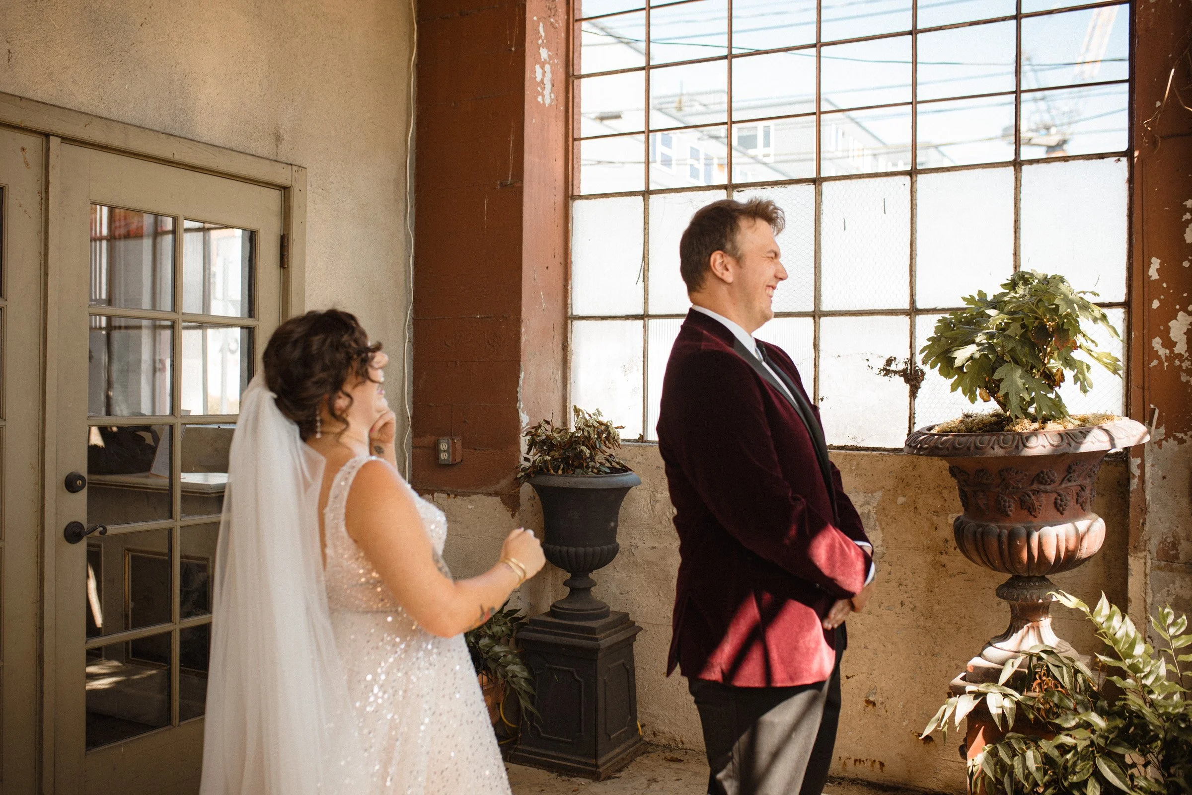 Bride and grooms first look at The Ruins, Queen Anne, Seattle