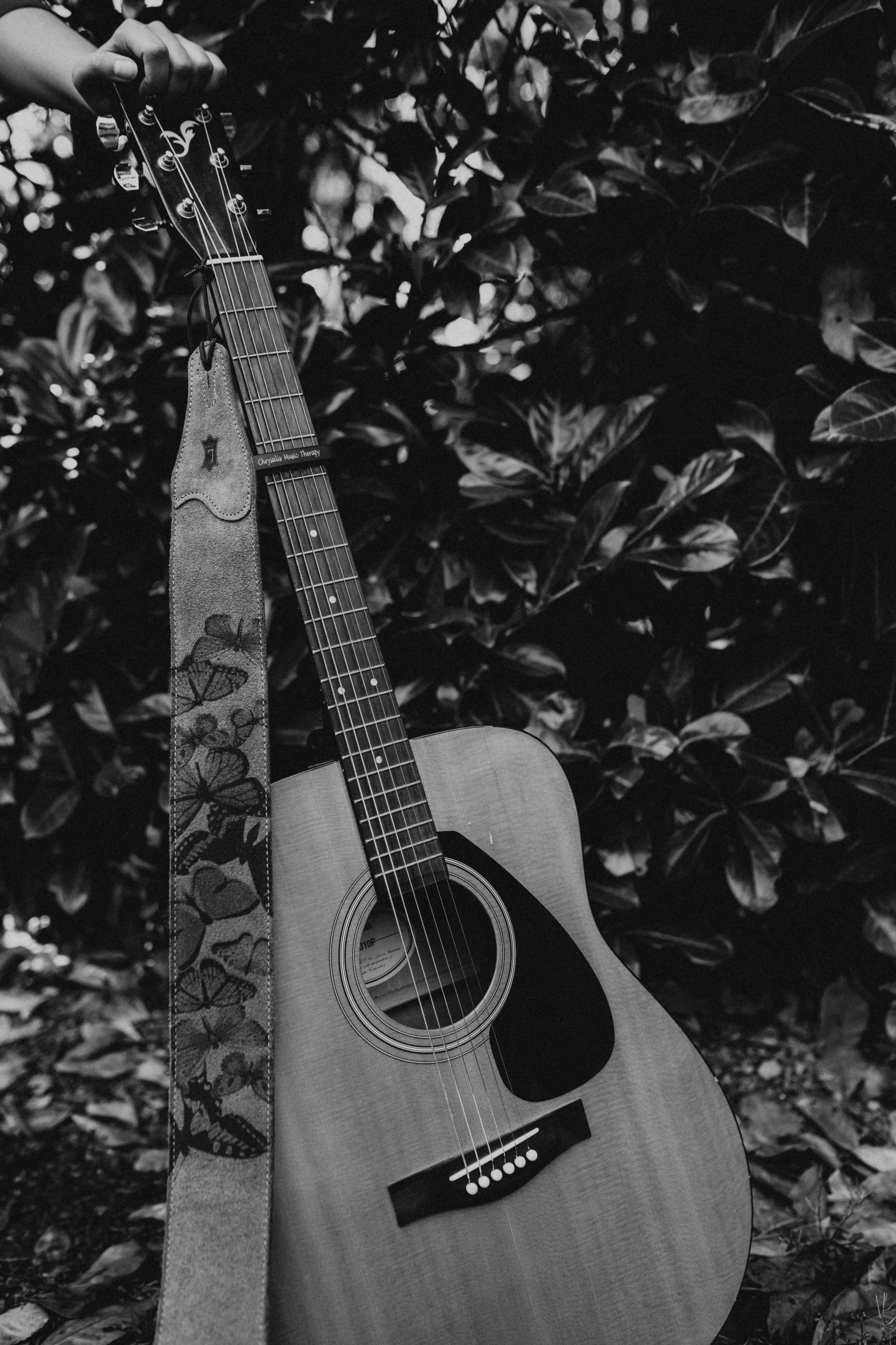 An acoustic guitar with a floral shoulder strap leaning against leafy bushes. Seattle professional head shot photography